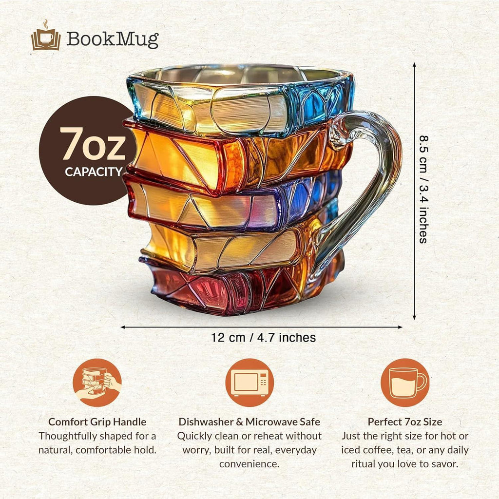 Chapter Book Mug Glass 3D Book Mugs Birthday Gift For Women Stained Glass Cups with Stack Design, Artistic Reading Coffee Cup, Unique Literary Friendship Gifts for Women, Friends & Readers - Unique Gift Market