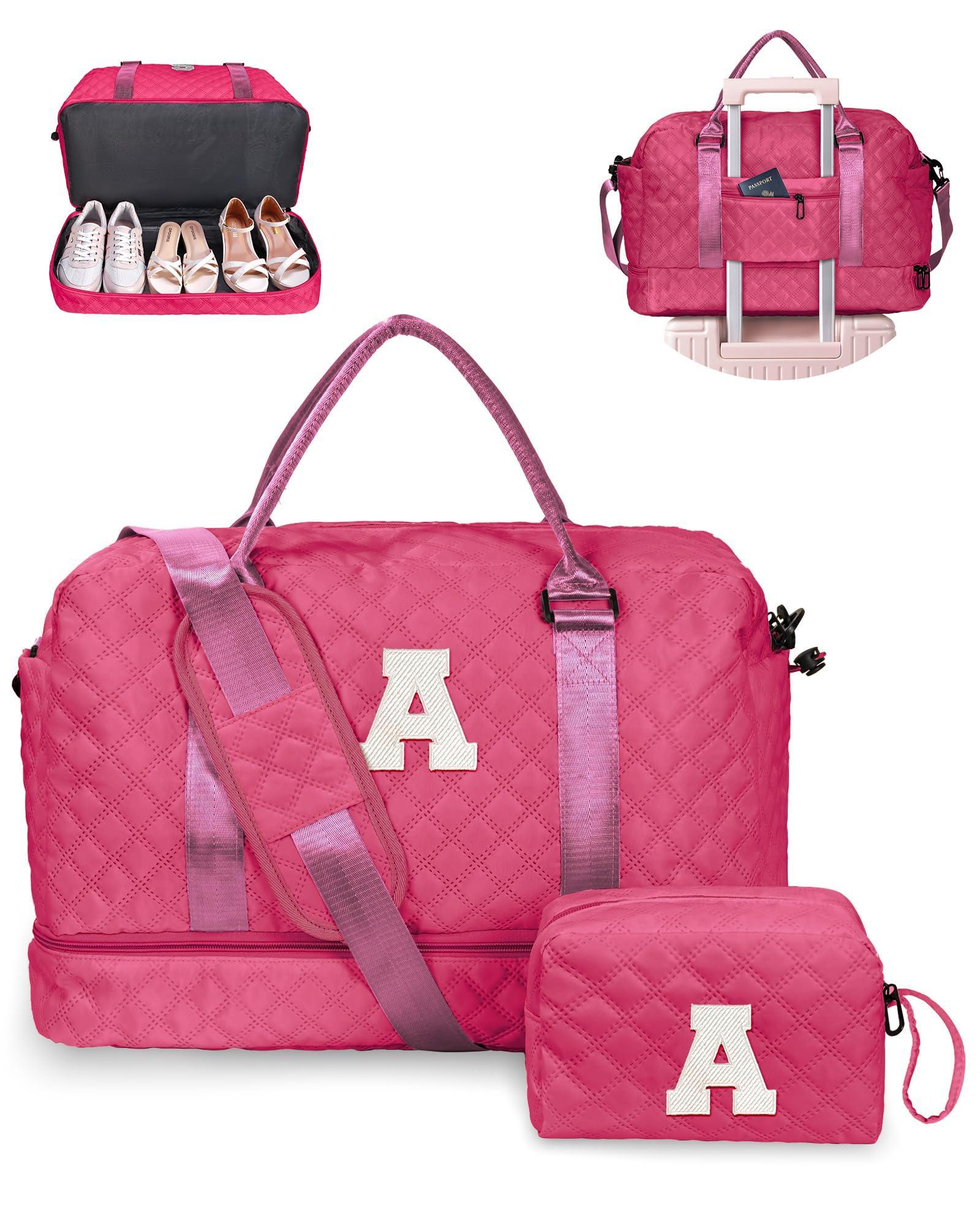 Birthday Gift-Initial Duffle Bag with Shoe Compartment, Personalized Weekender Bag, Monogram Overnight Bag for Women with Trolley Sleeve & Wet Pocket, Travel Bag with Makeup Bag (Letter K) - Unique Gift Market