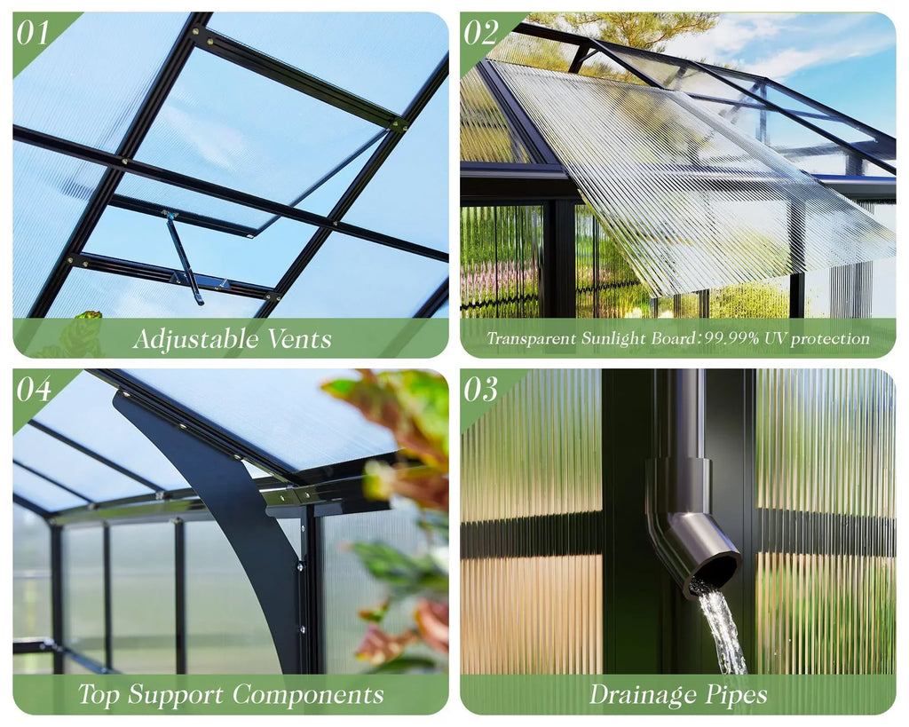 Jocisland 8x12x7.5 FT Greenhouse - Outdoor Aluminum Polycarbonate Greenhouse with Ventilation and Rain Gutter, 4 Swing Doors with Hook, Walk in Greenhouse for Outdoors Backyard Garden, Black - Unique Gift Market