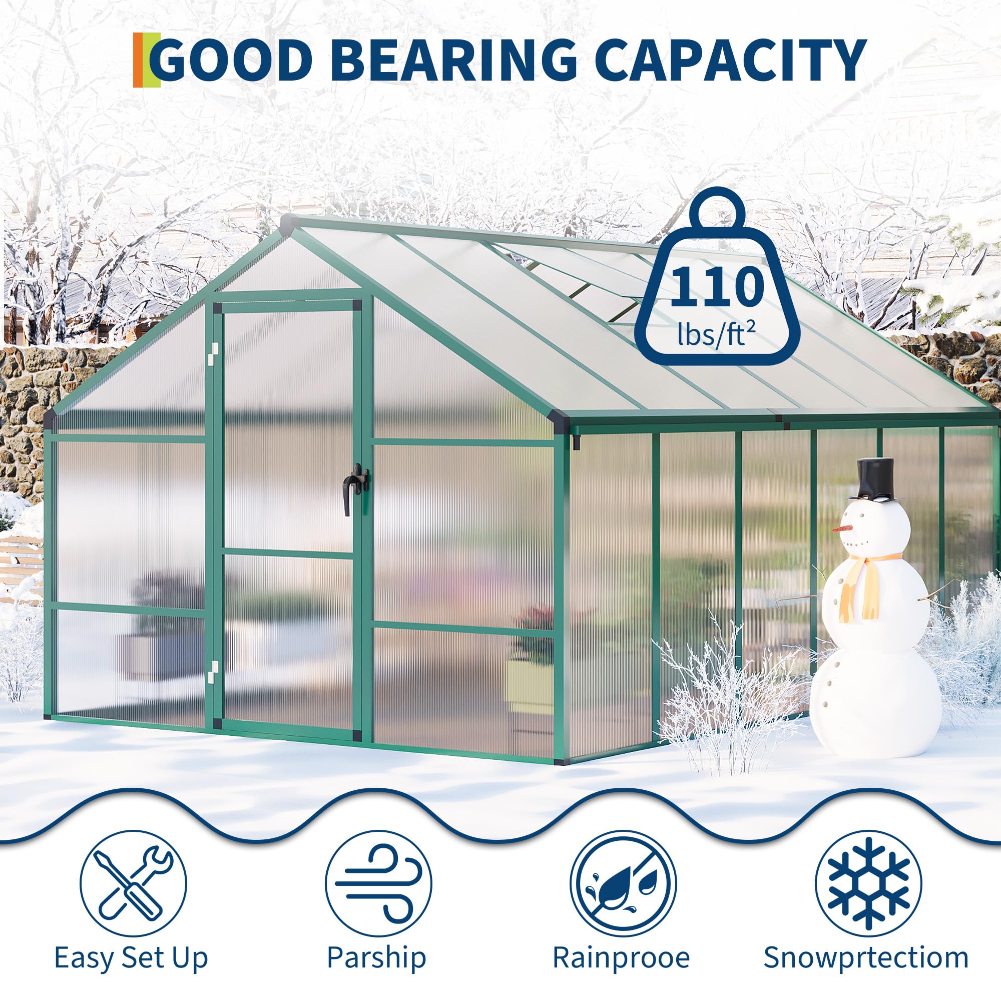8×10 FT Greenhouse, Large Walk in Greenhouses for Outdoors and Garden Planting, Polycarbonate Greenhouse with Enhanced Aluminum Frame, Green Houses with Quick Setup Structure and Roof Vent, Green
