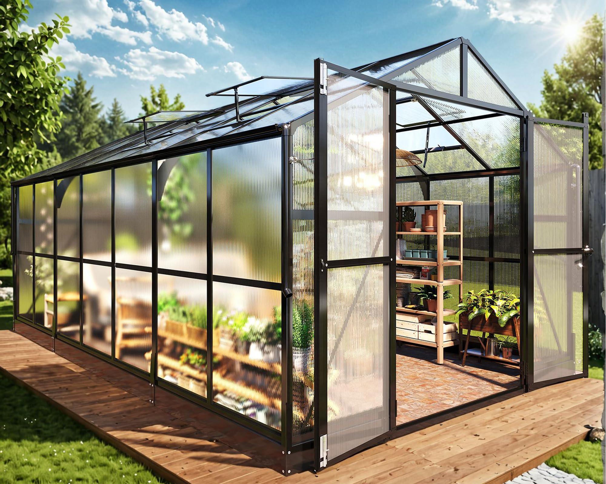 Jocisland 8x12x7.5 FT Greenhouse - Outdoor Aluminum Polycarbonate Greenhouse with Ventilation and Rain Gutter, 4 Swing Doors with Hook, Walk in Greenhouse for Outdoors Backyard Garden, Black - Unique Gift Market
