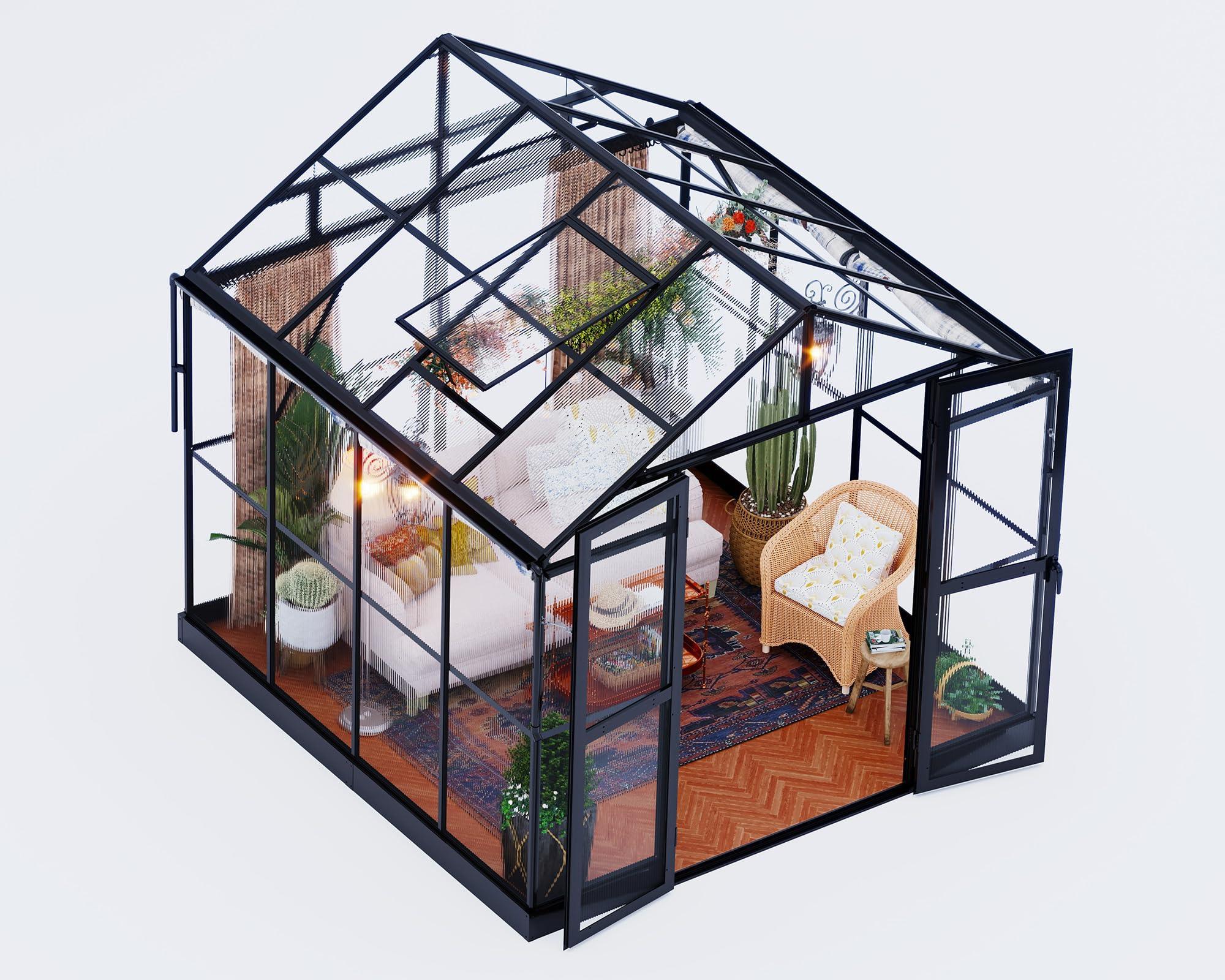 Jocisland 8x12x7.5 FT Greenhouse - Outdoor Aluminum Polycarbonate Greenhouse with Ventilation and Rain Gutter, 4 Swing Doors with Hook, Walk in Greenhouse for Outdoors Backyard Garden, Black - Unique Gift Market