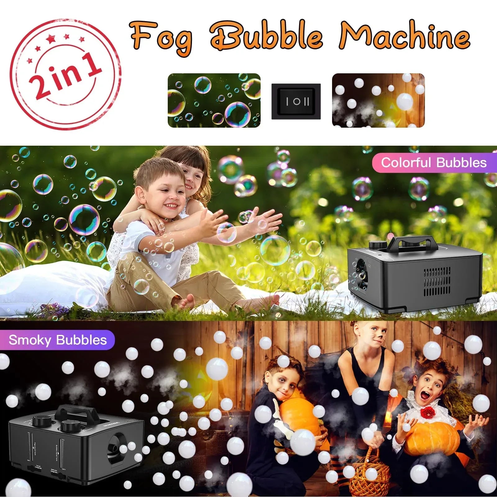 Fog Bubble Machine, 2 in 1 Smoke Bubble Maker, 400W No-Spill Smoke Bubble Blower, Make Colorful Bubbles | White Fog Bubbles for Indoor Outdoor Birthday Halloween Party - Unique Gift Market