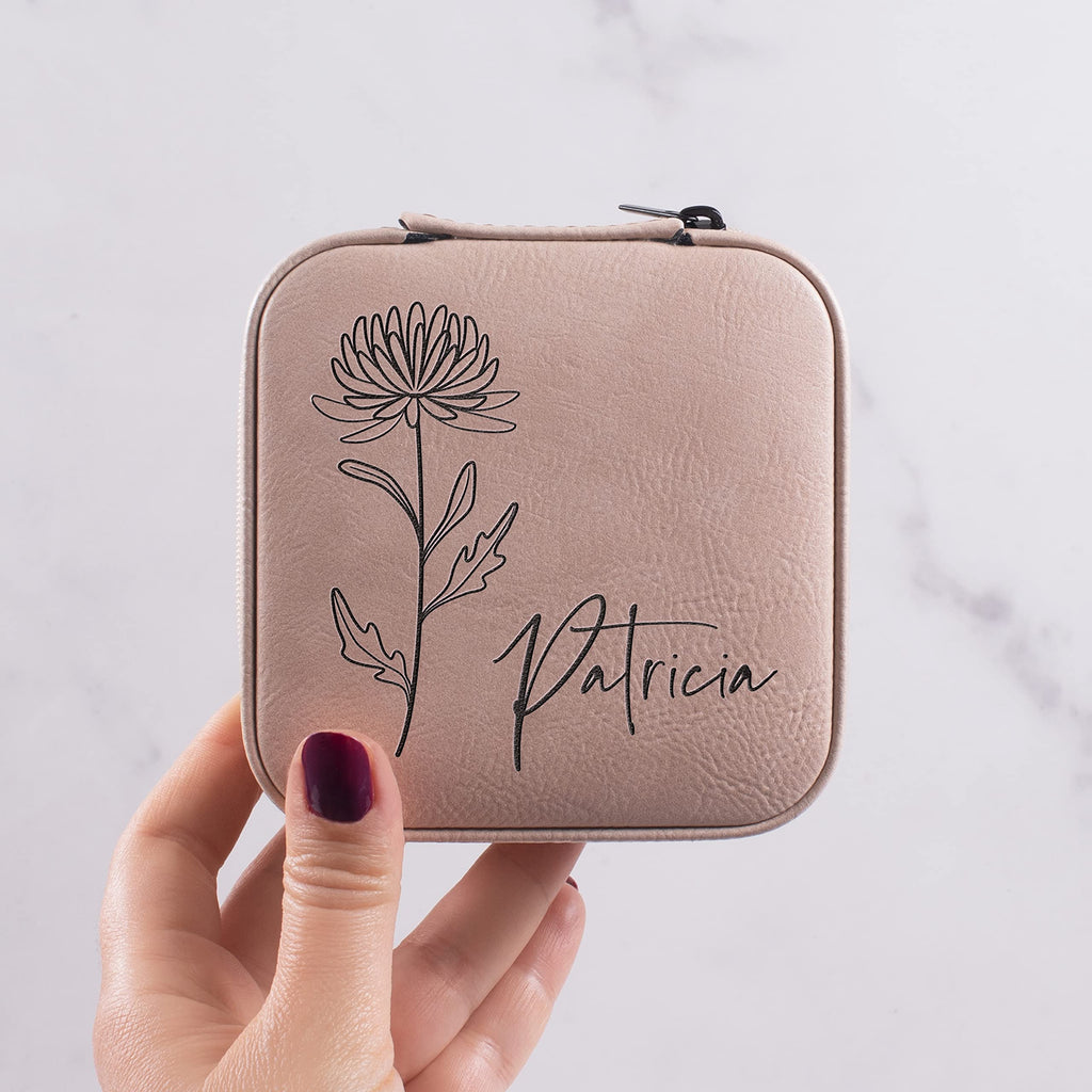 Custom Leather Jewelry Box w/Name & Birth Flower Month - Birthday Gifts for Women, Personalized Jewelry Travel Case - Customized Jewelry Organizer Box, Mom Birthday Gifts - Rustic