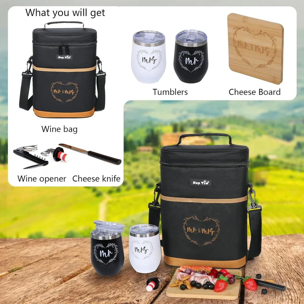 Hap Tim Wedding Gifts for Couples, Bridal Shower Gifts, Engagement Gifts for Newlyweds, Mr and Mrs gifts - Wine Cooler Bag Insulated Wine Carrier Tote with Tumblers, Bamboo Cheese Borad - Unique Gift Market