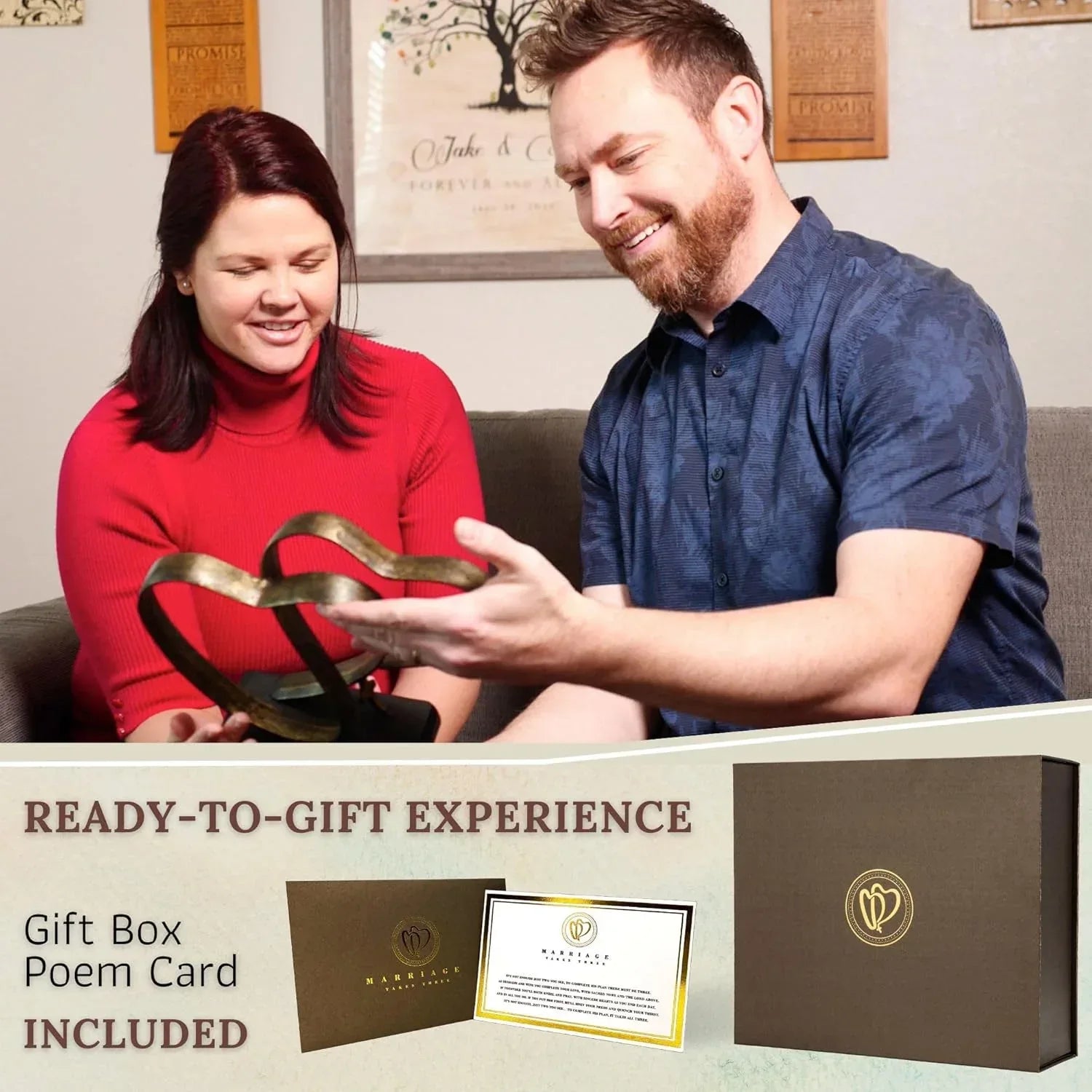 Wedding Anniversary Couples Gift - Two Hearts and Cross Iron Sculpture, Heart Decoration Gift for Her and Him, 1st to 50th or 60th Anniversary, Includes Present Box and Poem Card - Unique Gift Market