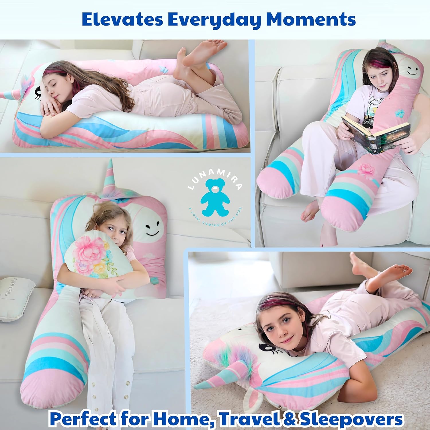 LUNAMIRA Unicorn Kids Body Pillow - 47" U-Shape Long Plush Soft Animal Pillow for Toddlers, Sleeping, Reading, ADHD & Special Needs Comfort, Anxiety, Washable Cover, Snuggle Cuddle for Boys & Girls
