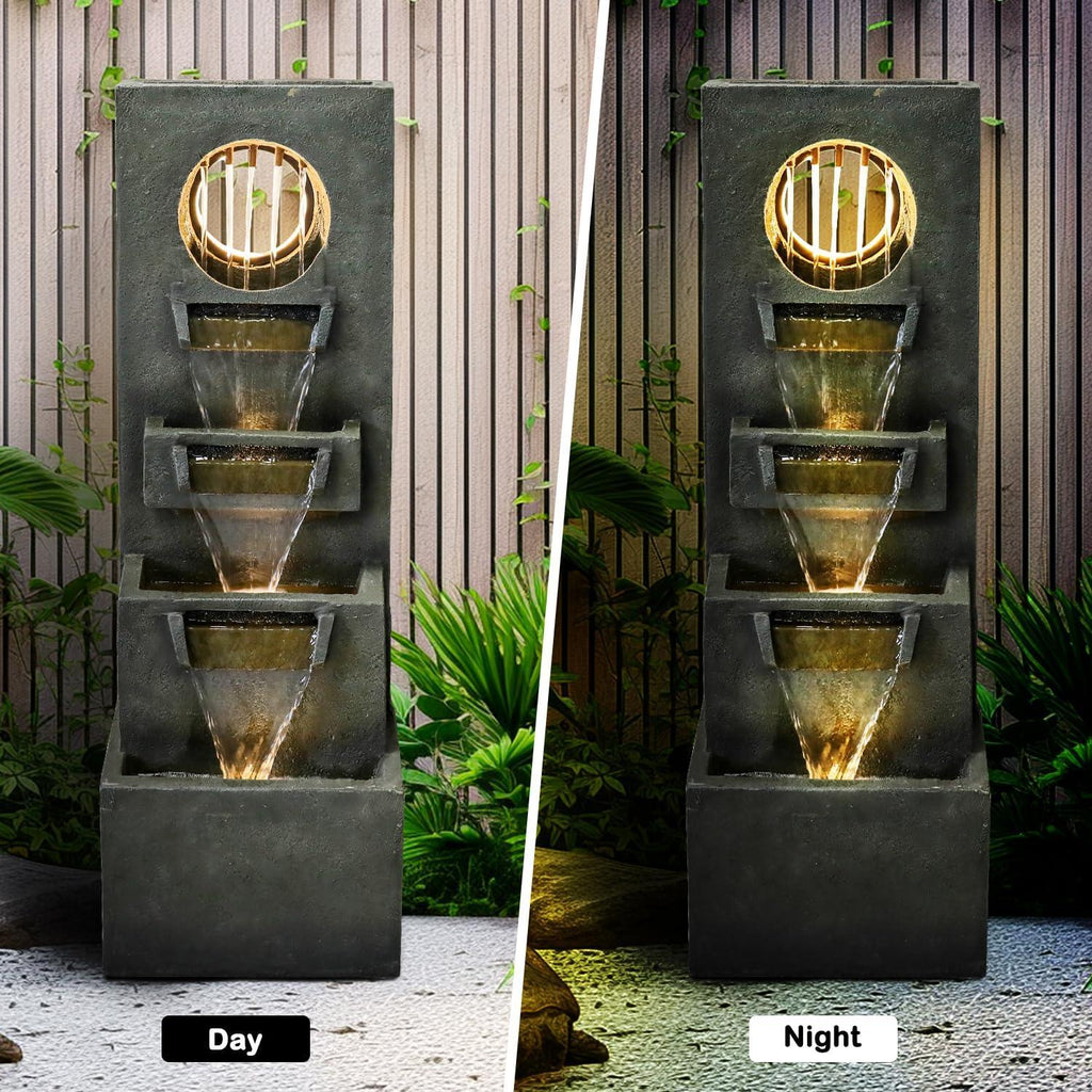 Naturefalls 40" Tall Outdoor Water Fountain and Waterfalls - Large Garden Fountain with LED Lights, 4-Tier Crocks, Indoor and Outdoor Fountains for Garden, Patio, Deck, Porch, Backyard and Home, Gray - Unique Gift Market