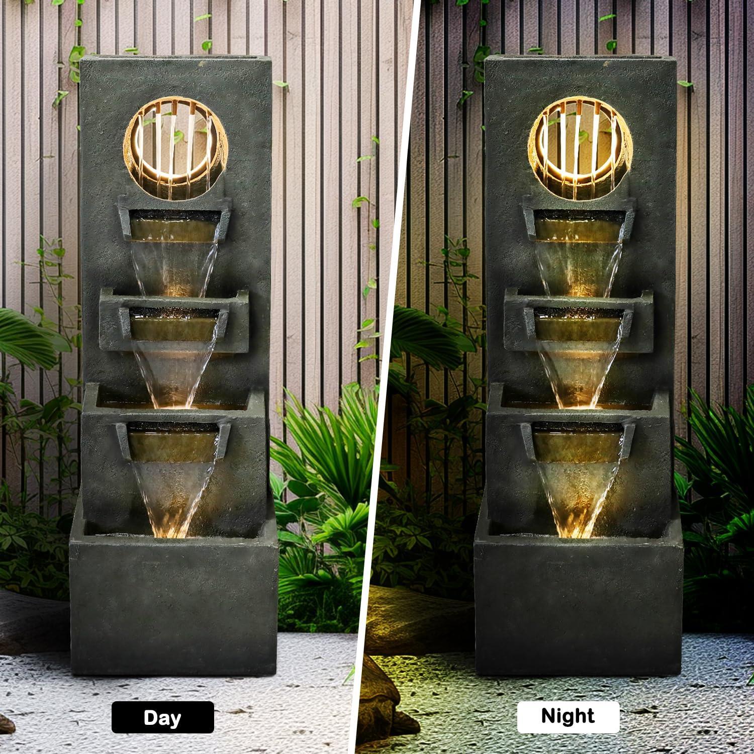 Naturefalls 40" Tall Outdoor Water Fountain and Waterfalls - Large Garden Fountain with LED Lights, 4-Tier Crocks, Indoor and Outdoor Fountains for Garden, Patio, Deck, Porch, Backyard and Home, Gray - Unique Gift Market