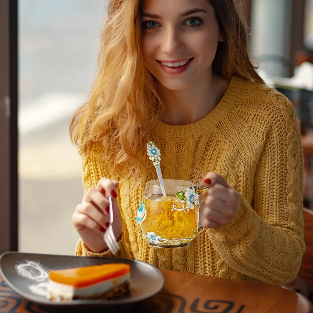 Tea Cup Glass Coffee Mugs,Fancy Tea Cup Set Birthday Christmas Valentine's Day Gift Idea for Tea Lover and Women Novelty Coffee Mugs Rose Flower Enamel Tea Cup Glass Mug with Spoon Set - Unique Gift Market