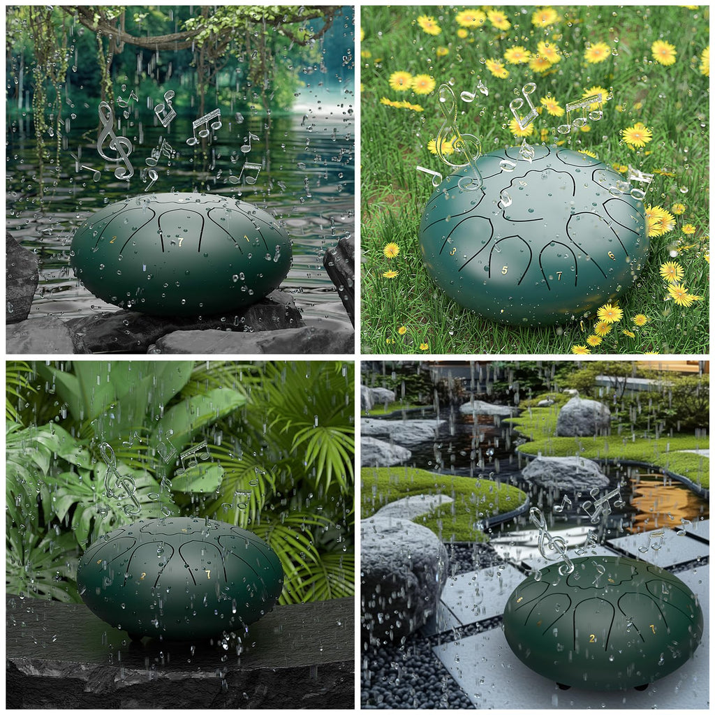 Rain Drum for Outside Garden, 6 Inches 8 Notes Steel Tongue Chakra Drums, Waterproof Meditation Rain Chime, Musical Instruments for Adult Gift with Bag, Music Book, Drum Mallets (Green)