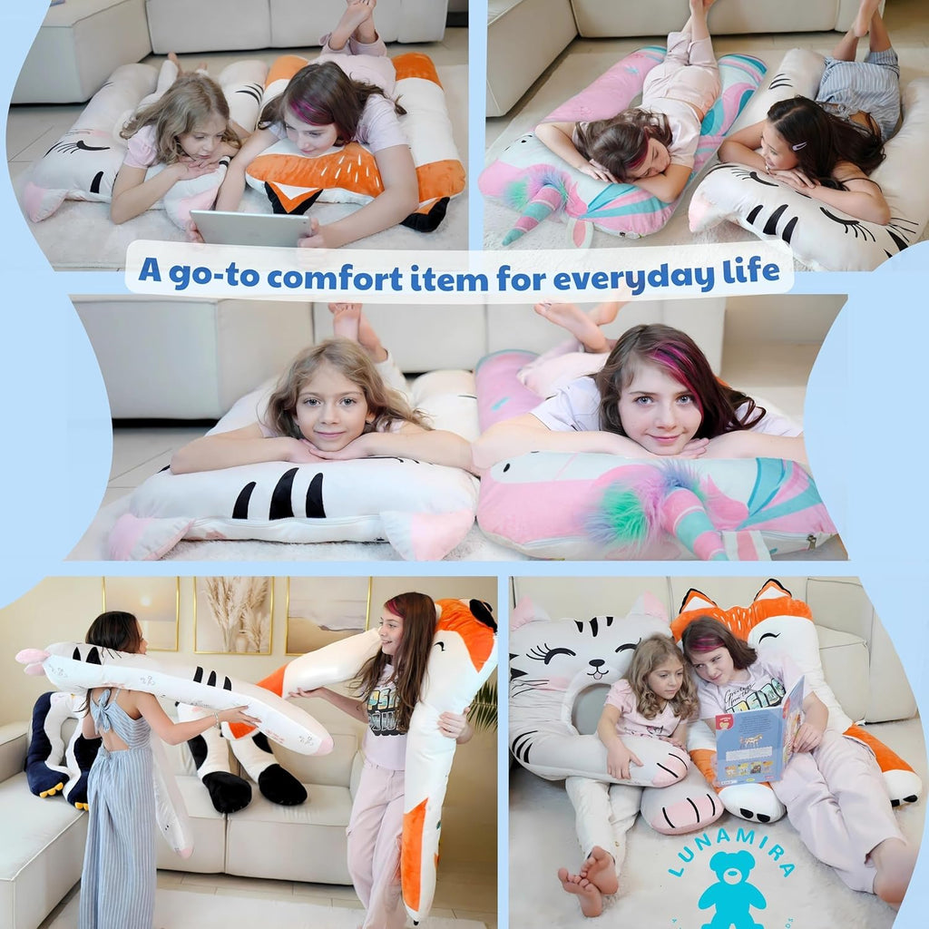LUNAMIRA Unicorn Kids Body Pillow - 47" U-Shape Long Plush Soft Animal Pillow for Toddlers, Sleeping, Reading, ADHD & Special Needs Comfort, Anxiety, Washable Cover, Snuggle Cuddle for Boys & Girls