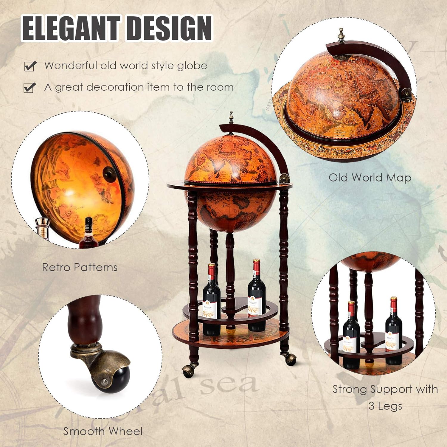 Goplus Globe Bar, 17.5” Liquor Globe Bar Cart with Wheels, Bottom Shelf, Old World Map, 16th Century Italian Replica Retro Wine Alcohol Stand, Globe Bar Cart for Dining Room Living Room Home