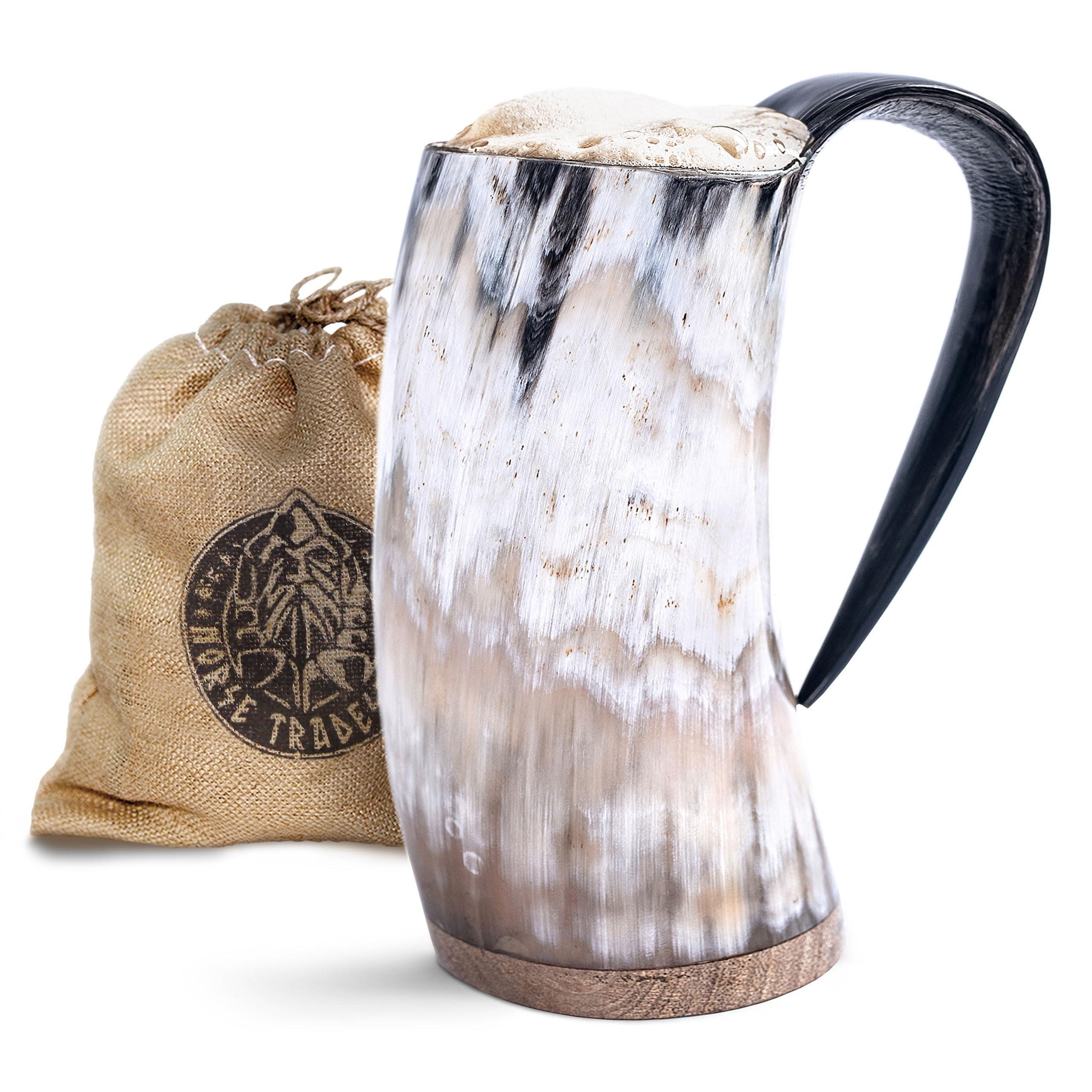 Norse Tradesman Original LG Viking Drinking Horn Mug - 100% Authentic Beer Horn Tankard With Natural Surface & Burlap Gift Sack | The Original, Low Polish, approx. 16 oz - Unique Gift Market