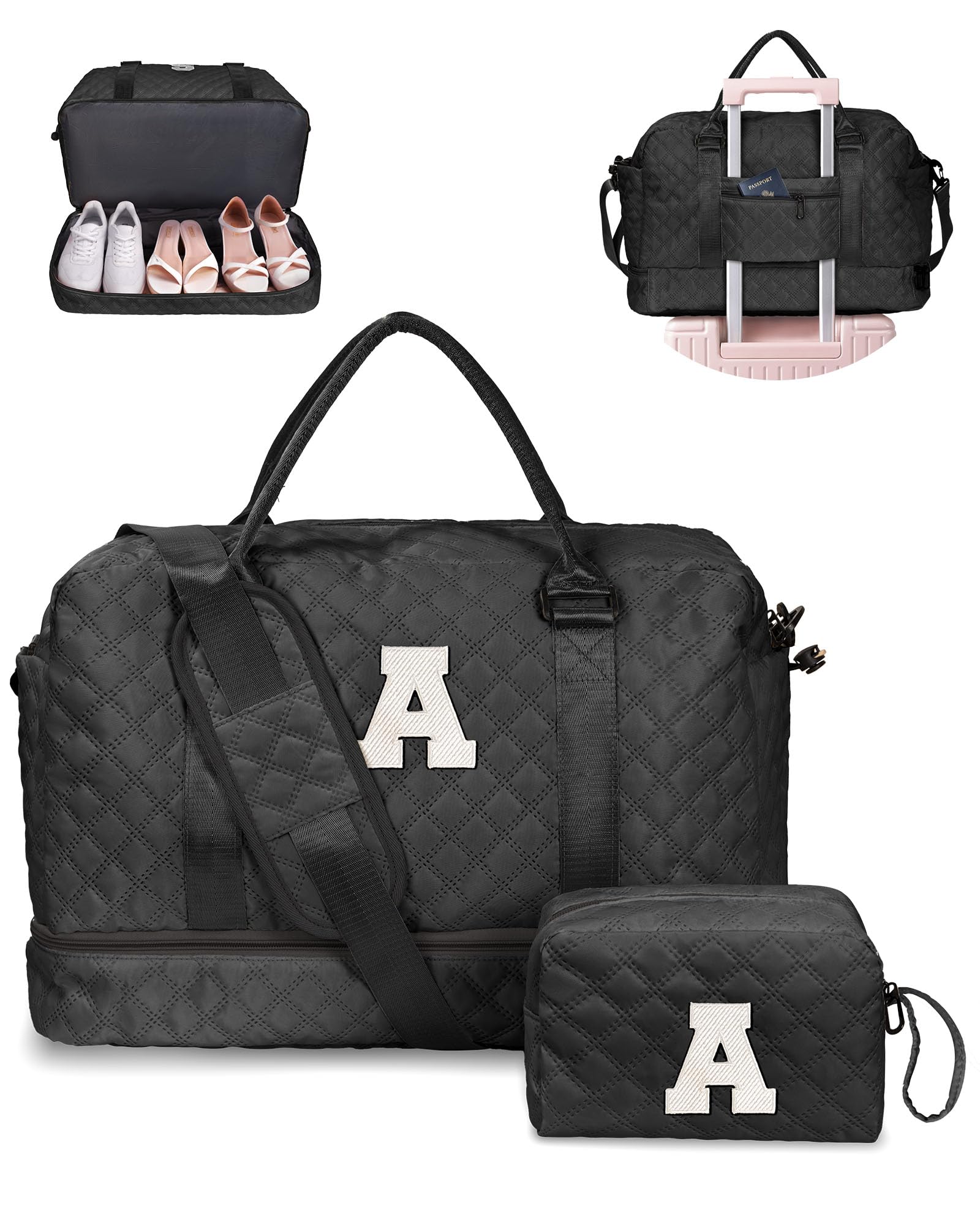 Birthday Gift-Initial Duffle Bag with Shoe Compartment, Personalized Weekender Bag, Monogram Overnight Bag for Women with Trolley Sleeve & Wet Pocket, Travel Bag with Makeup Bag (Letter K)