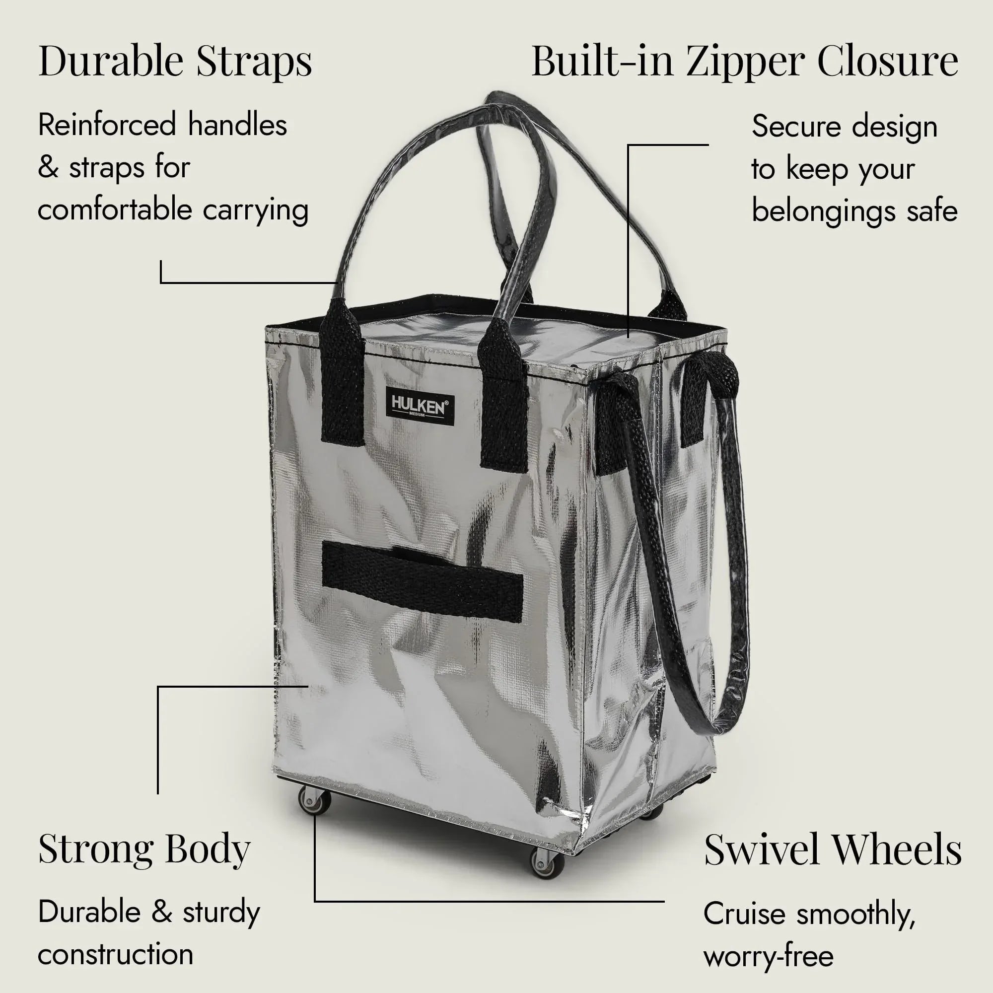 (Medium, Rose Gold) Reusable Grocery Bag On Wheels, Shopping Trolley, Rolling Tote, Zipper Closure, Lightweight, Carries Up to 66 lb, Folds Flat, Unbreakable Handles - Unique Gift Market