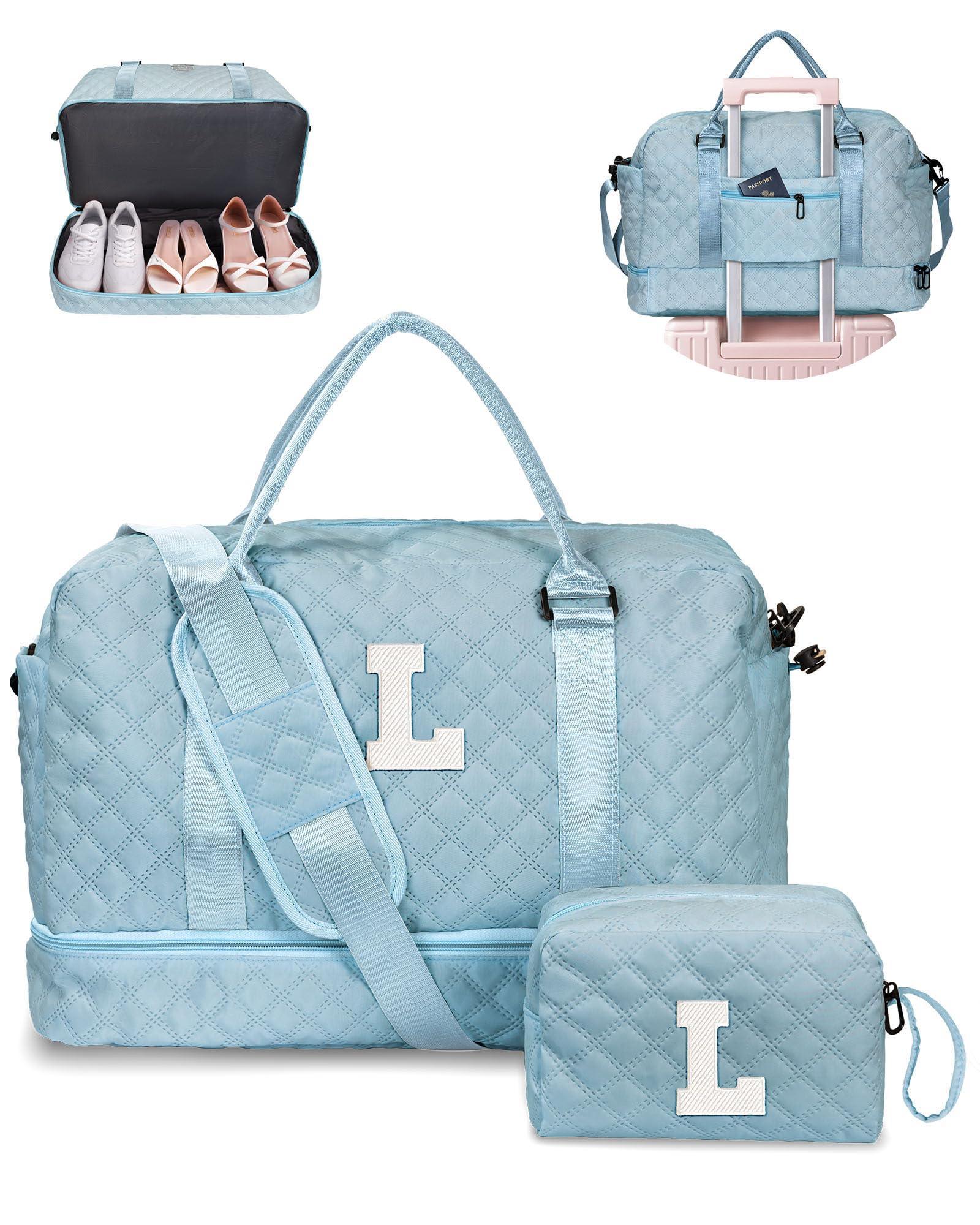 Birthday Gift-Initial Duffle Bag with Shoe Compartment, Personalized Weekender Bag, Monogram Overnight Bag for Women with Trolley Sleeve & Wet Pocket, Travel Bag with Makeup Bag (Letter K) - Unique Gift Market