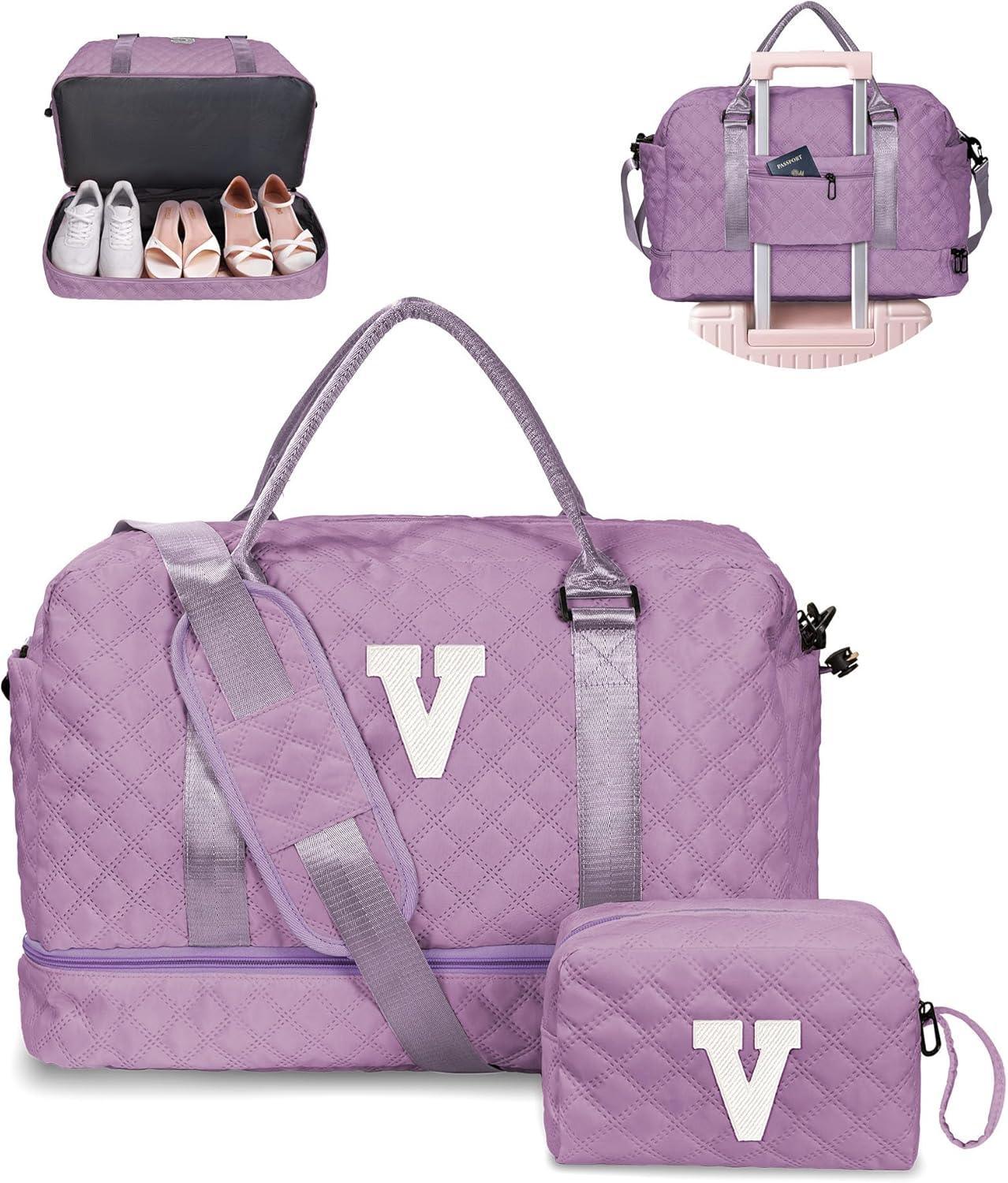 Birthday Gift-Initial Duffle Bag with Shoe Compartment, Personalized Weekender Bag, Monogram Overnight Bag for Women with Trolley Sleeve & Wet Pocket, Travel Bag with Makeup Bag (Letter K) - Unique Gift Market