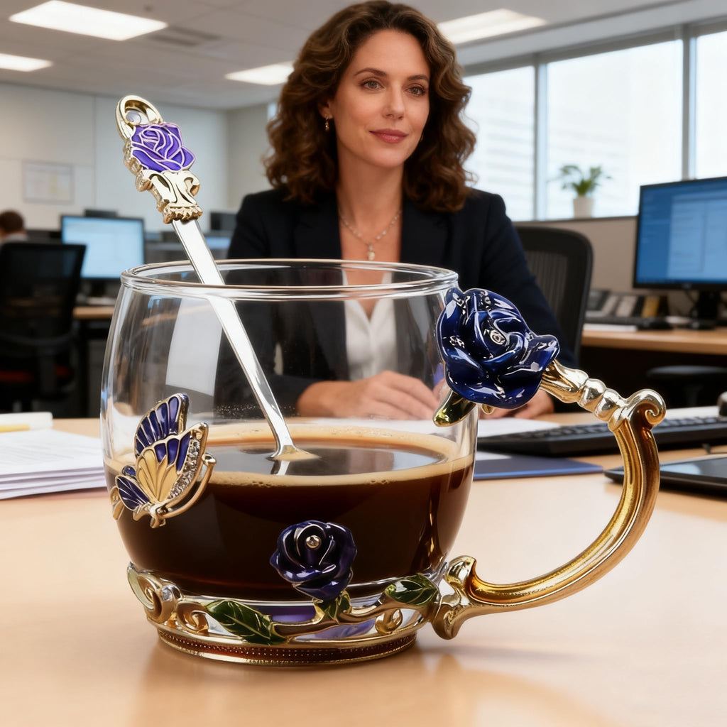 Best Gifts For Women Mom Blue Glass Coffee Tea Mug Unique Birthday Christmas Gift For Women Who Have Everything, Gift For Her Tea Cup with Spoon Sets (Blue-Tal)