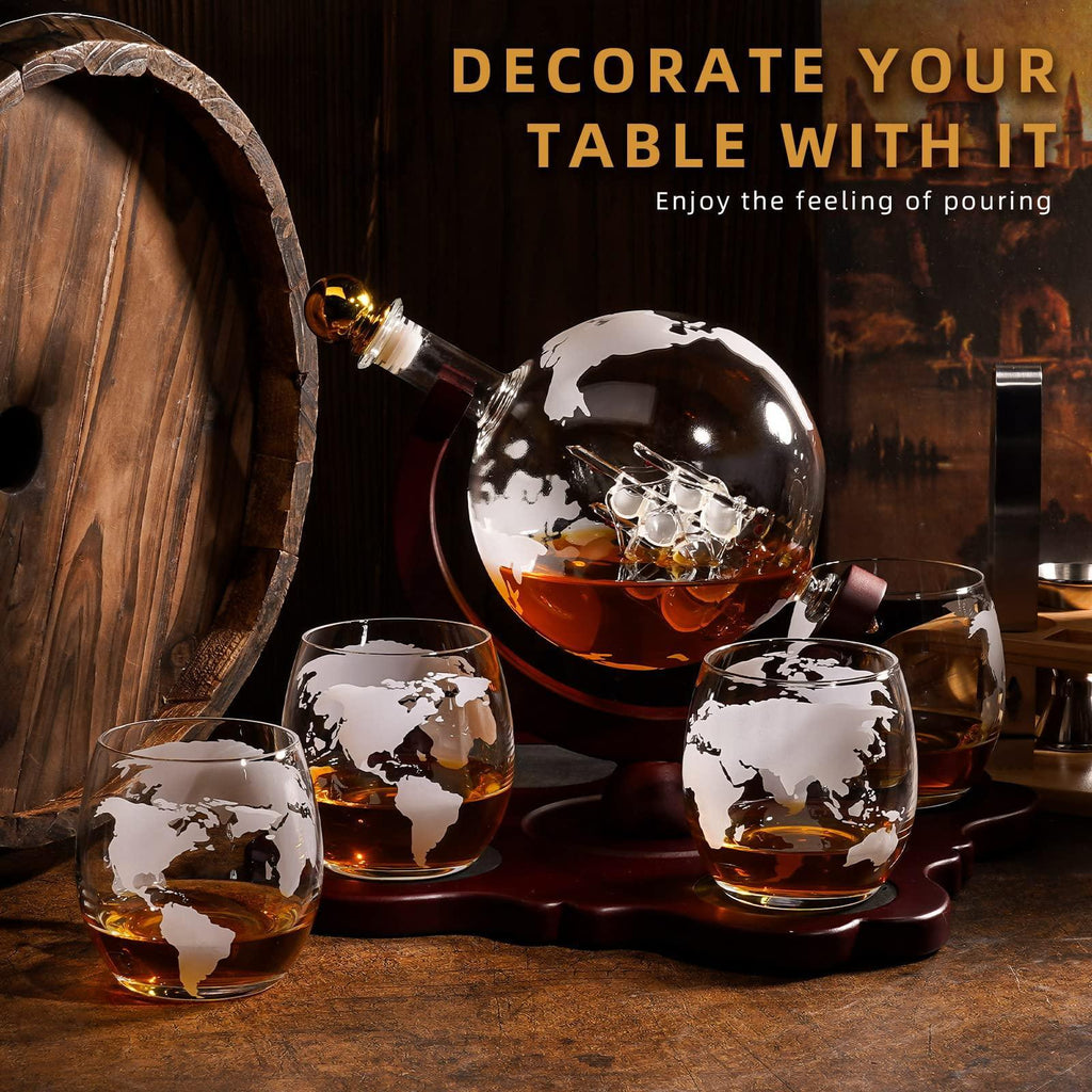Gifts for Men Dad Husband Christmas, Whiskey Globe Decanter Set with 4 Etched Globe Glasses, Unique Anniversary Birthday Gifts for Brother Boyfriend, Cool Stocking Stuffers Bourbon Whikey Gifts - Unique Gift Market