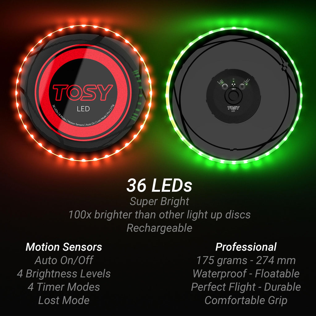 TOSY Flying Disc - 108 RGB Multicolor or 36 Monocolor LEDs, Super Bright, Smart Modes, Cool Valentine Easter Gift, Camping Toy for Kid/Teen/Adult, Auto Light Up, Rechargeable, Waterproof, 175g