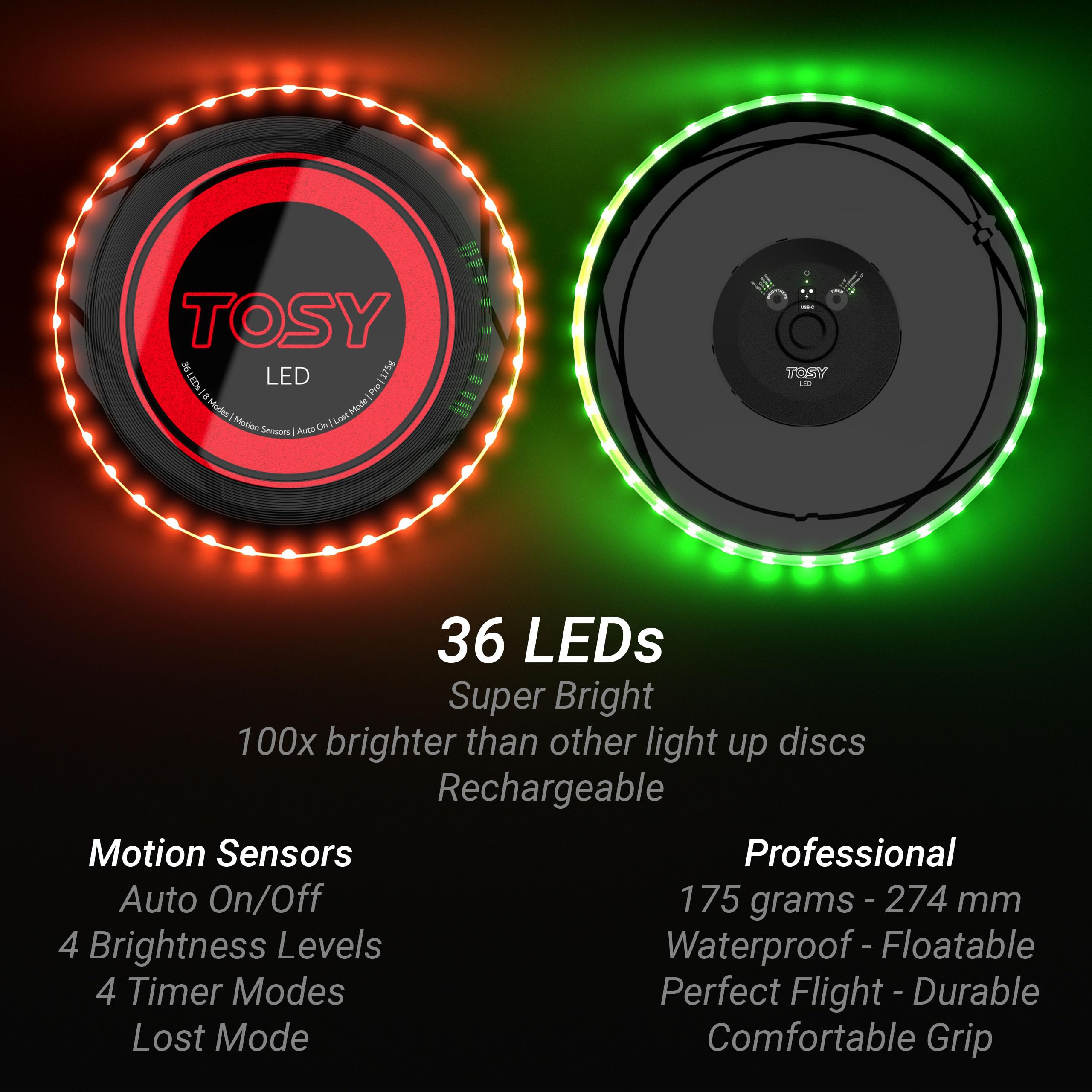 TOSY Flying Disc - 108 RGB Multicolor or 36 Monocolor LEDs, Super Bright, Smart Modes, Cool Valentine Easter Gift, Camping Toy for Kid/Teen/Adult, Auto Light Up, Rechargeable, Waterproof, 175g