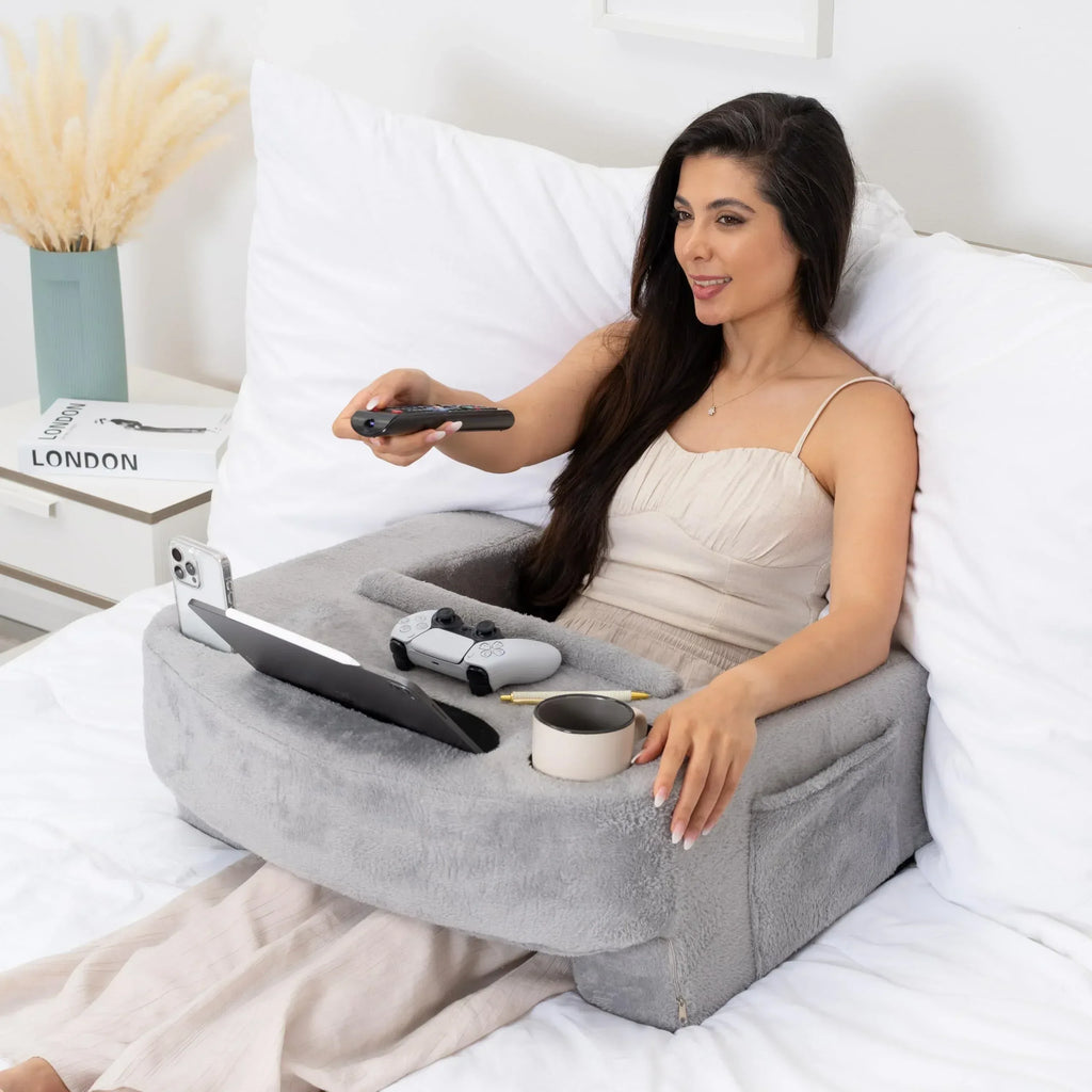 Reading Pillow for Gaming – Extra Large Lap Desk & Arm Rest with Cup & Phone Holder, Adjustable Heights, Laptop Support, Large Pockets – Comfortable for Work, Gaming & Crocheting (Furry Grey) - Unique Gift Market