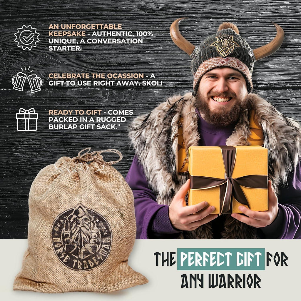 Norse Tradesman Original LG Viking Drinking Horn Mug - 100% Authentic Beer Horn Tankard With Natural Surface & Burlap Gift Sack | The Original, Low Polish, approx. 16 oz - Unique Gift Market
