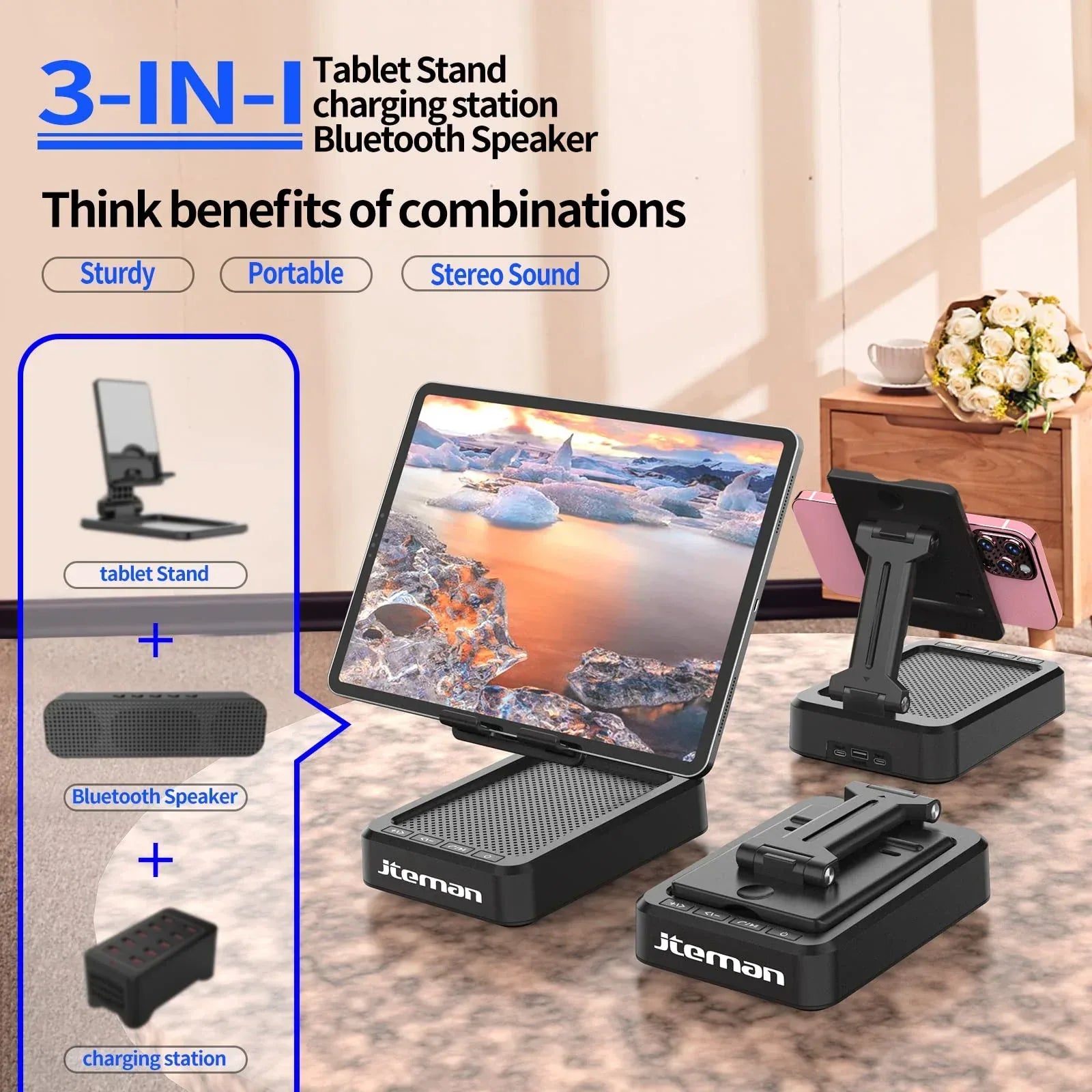 Cell Phone Stand with Wireless Bluetooth Speaker and Anti-Slip Base HD Surround Sound Perfect for Home and Outdoors with Bluetooth Speaker for Desk Compatible with iPhone/ipad/Samsung Galaxy - Unique Gift Market
