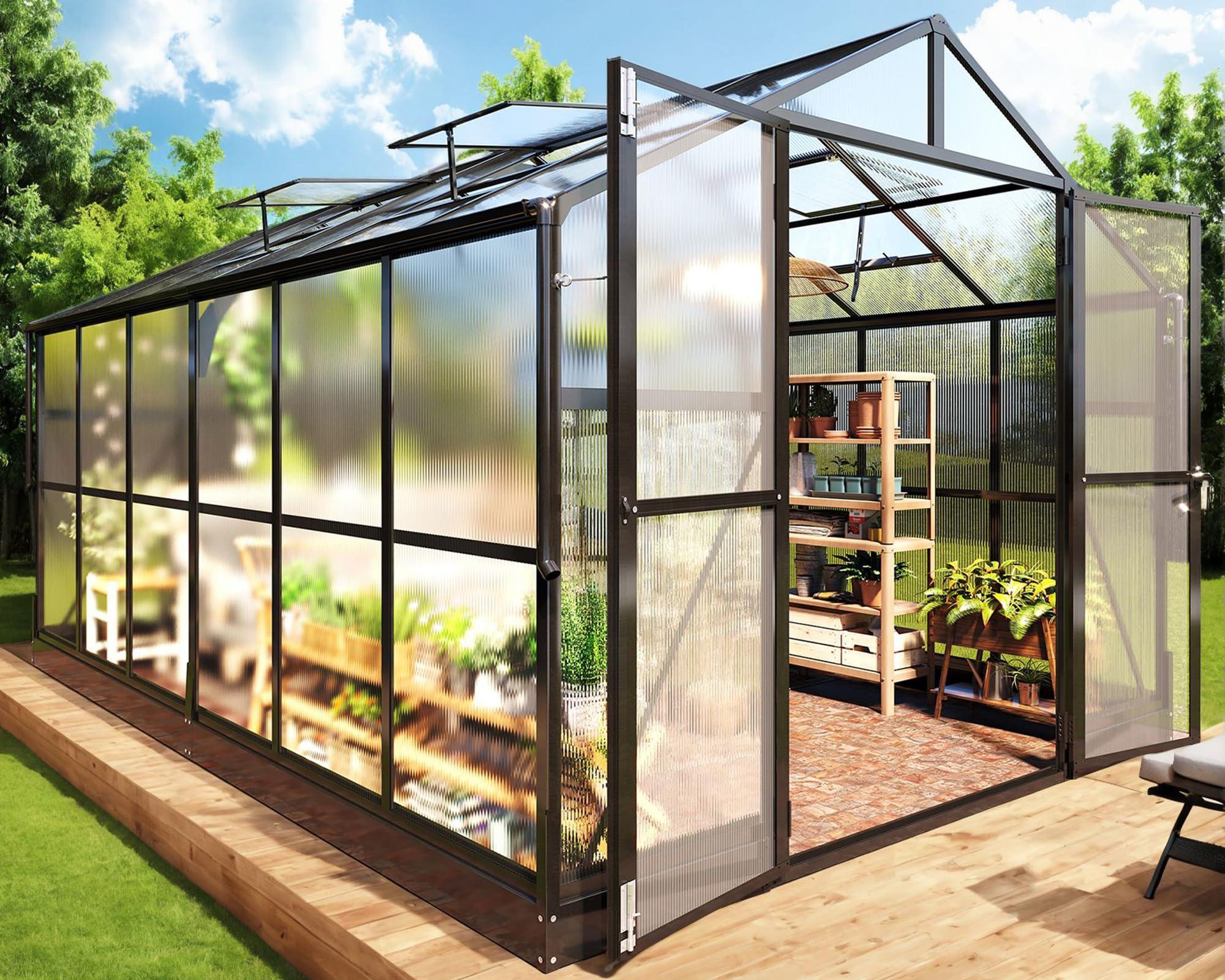 Jocisland 8x12x7.5 FT Greenhouse - Outdoor Aluminum Polycarbonate Greenhouse with Ventilation and Rain Gutter, 4 Swing Doors with Hook, Walk in Greenhouse for Outdoors Backyard Garden, Black - Unique Gift Market