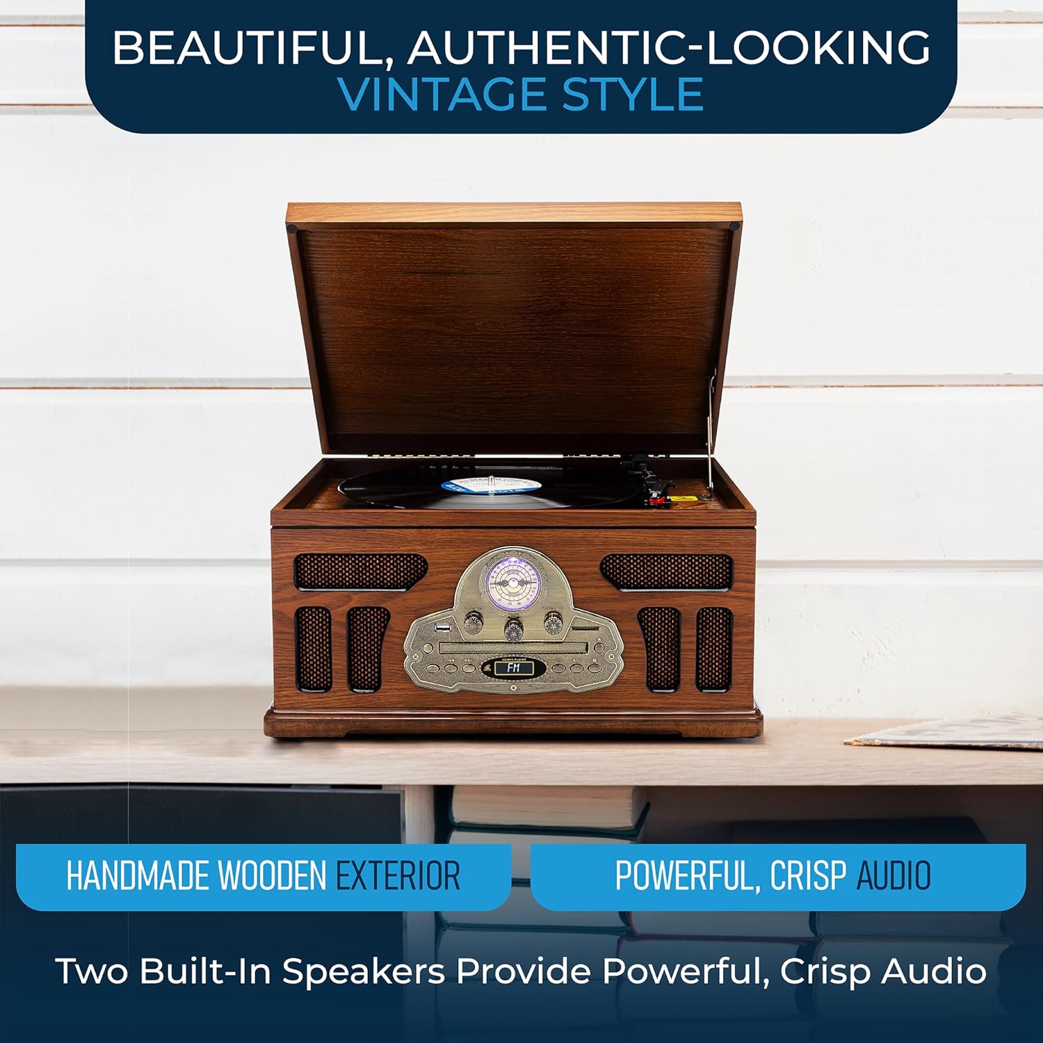 SoundBeast All-in-One Turntable with 3-Speed Record Player, Bluetooth, CD, Cassette Tape, AM/FM Radio, USB, Built-in Speakers, Handmade Wooden Exterior