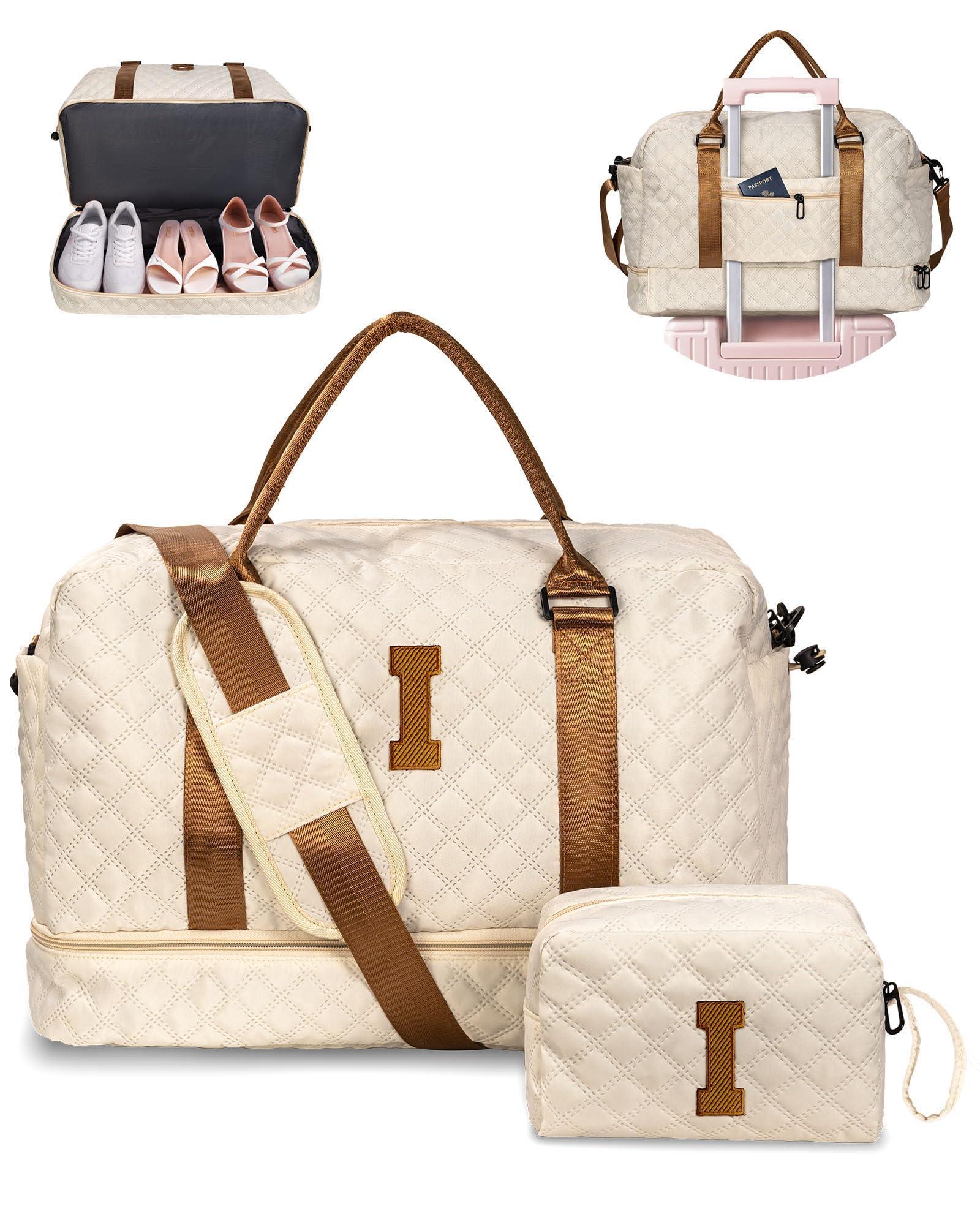 Birthday Gift-Initial Duffle Bag with Shoe Compartment, Personalized Weekender Bag, Monogram Overnight Bag for Women with Trolley Sleeve & Wet Pocket, Travel Bag with Makeup Bag (Letter K) - Unique Gift Market