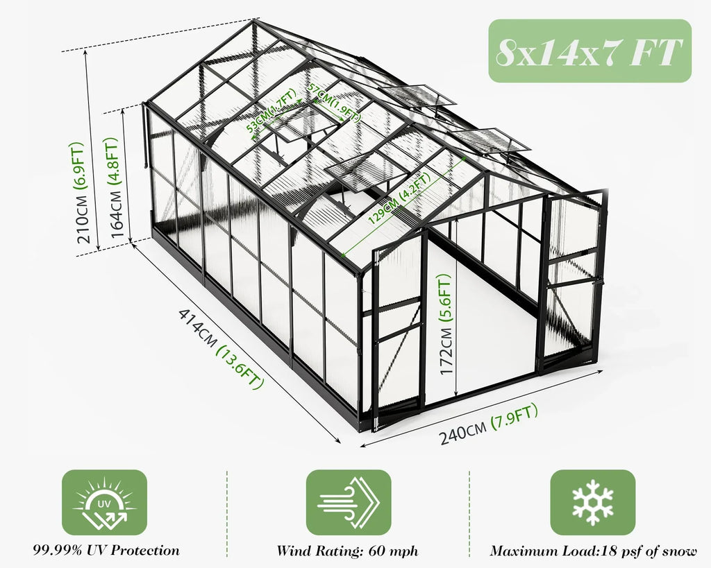 Jocisland 8x12x7.5 FT Greenhouse - Outdoor Aluminum Polycarbonate Greenhouse with Ventilation and Rain Gutter, 4 Swing Doors with Hook, Walk in Greenhouse for Outdoors Backyard Garden, Black - Unique Gift Market