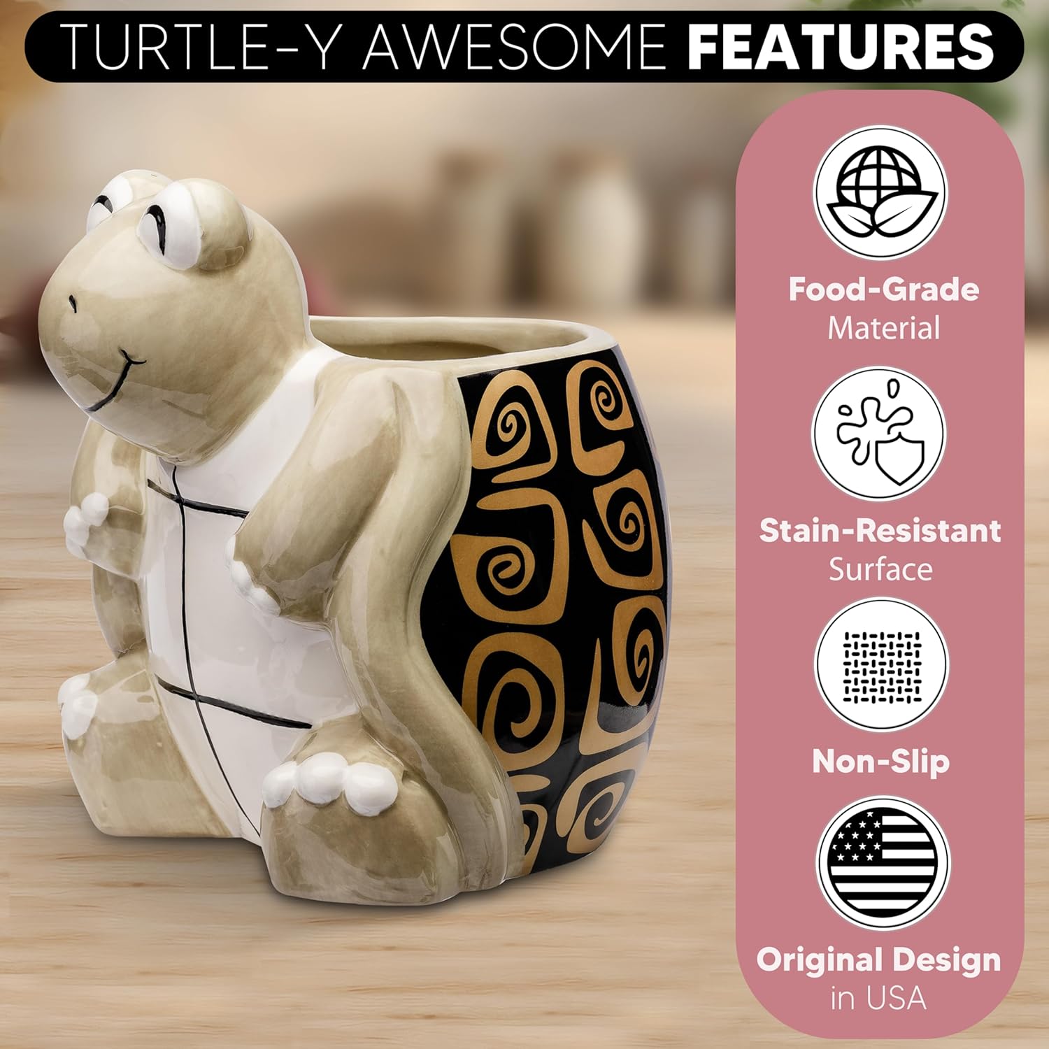 Turtle Kitchen Utensil Holder - Sea Turtle Storage Crock - Tortoise Home Decorations - Gift Decor - Office Holiday Theme Party Accessories - Lucky Gold Spirals