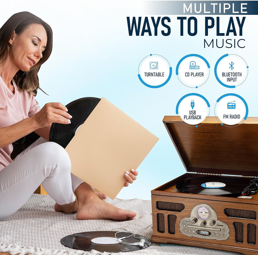 SoundBeast All-in-One Turntable with 3-Speed Record Player, Bluetooth, CD, Cassette Tape, AM/FM Radio, USB, Built-in Speakers, Handmade Wooden Exterior