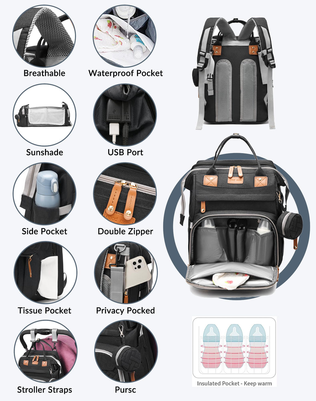 Baby Diaper Bags with Changing Station, Waterproof Diaper Bag Backpack for Moms Dads with USB Charging Port, Baby Shower Gifts, Large Capacity diaper backpack, Grey