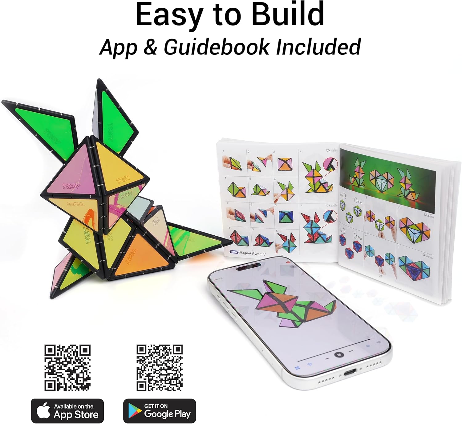 TOSY Magnet Pyramid Glow - 1 Cube Transforms into 1 Billion Shapes (Bunny, Egg Basket, Flowers, Heart), Easter Birthday Gift, 12 pcs, 243 Magnets, Glowing, Holographic Design, Puzzle/STEM Toy