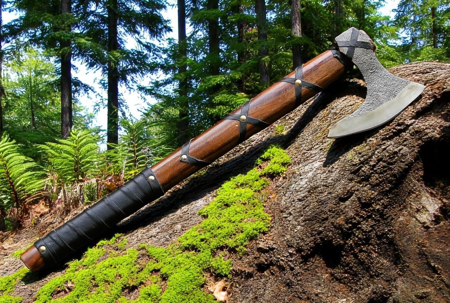 Poshland AX-7001 Custom Gift Forged Carbon Steel Viking Axe with Rose Wood Shaft, Double Edge Axe - Unique Gift Market