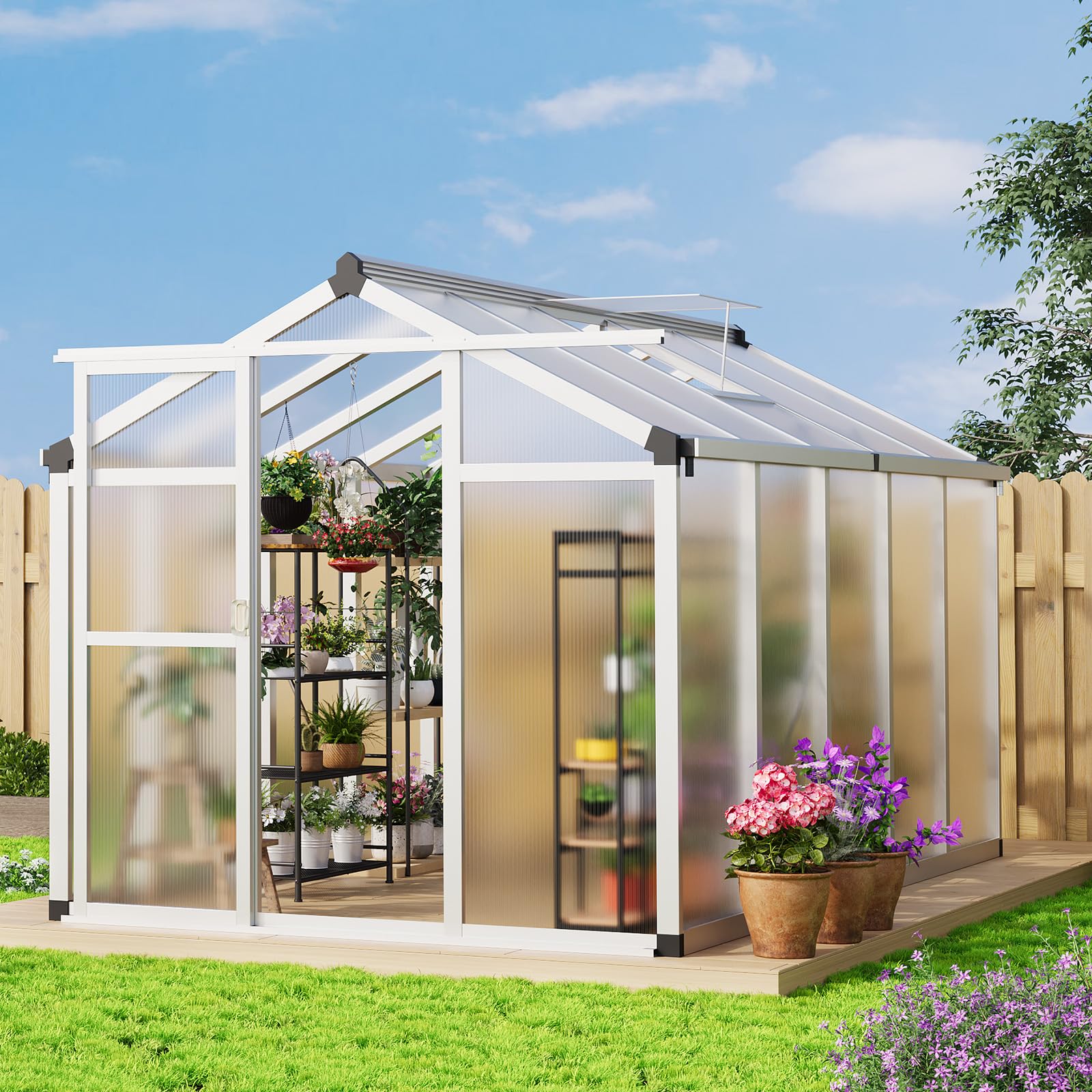 6×8FT Greenhouses for Outdoors, Aluminum Polycarbonate Greenhouses with Roof Vent - Heavy-Duty Walk-in Green Houses for All-Season Backyard Gardening