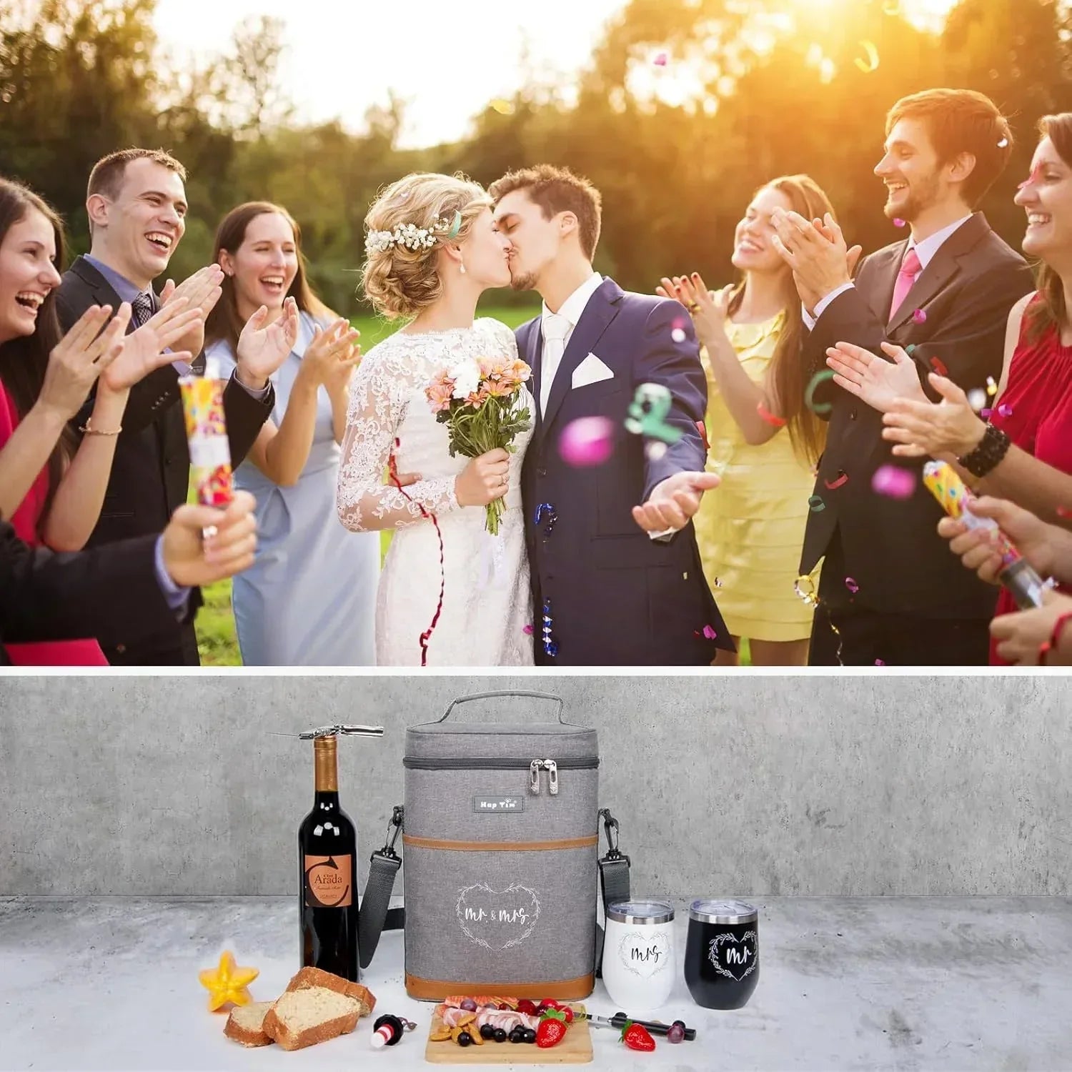 Hap Tim Wedding Gifts for Couples, Bridal Shower Gifts, Engagement Gifts for Newlyweds, Mr and Mrs gifts - Wine Cooler Bag Insulated Wine Carrier Tote with Tumblers, Bamboo Cheese Borad - Unique Gift Market