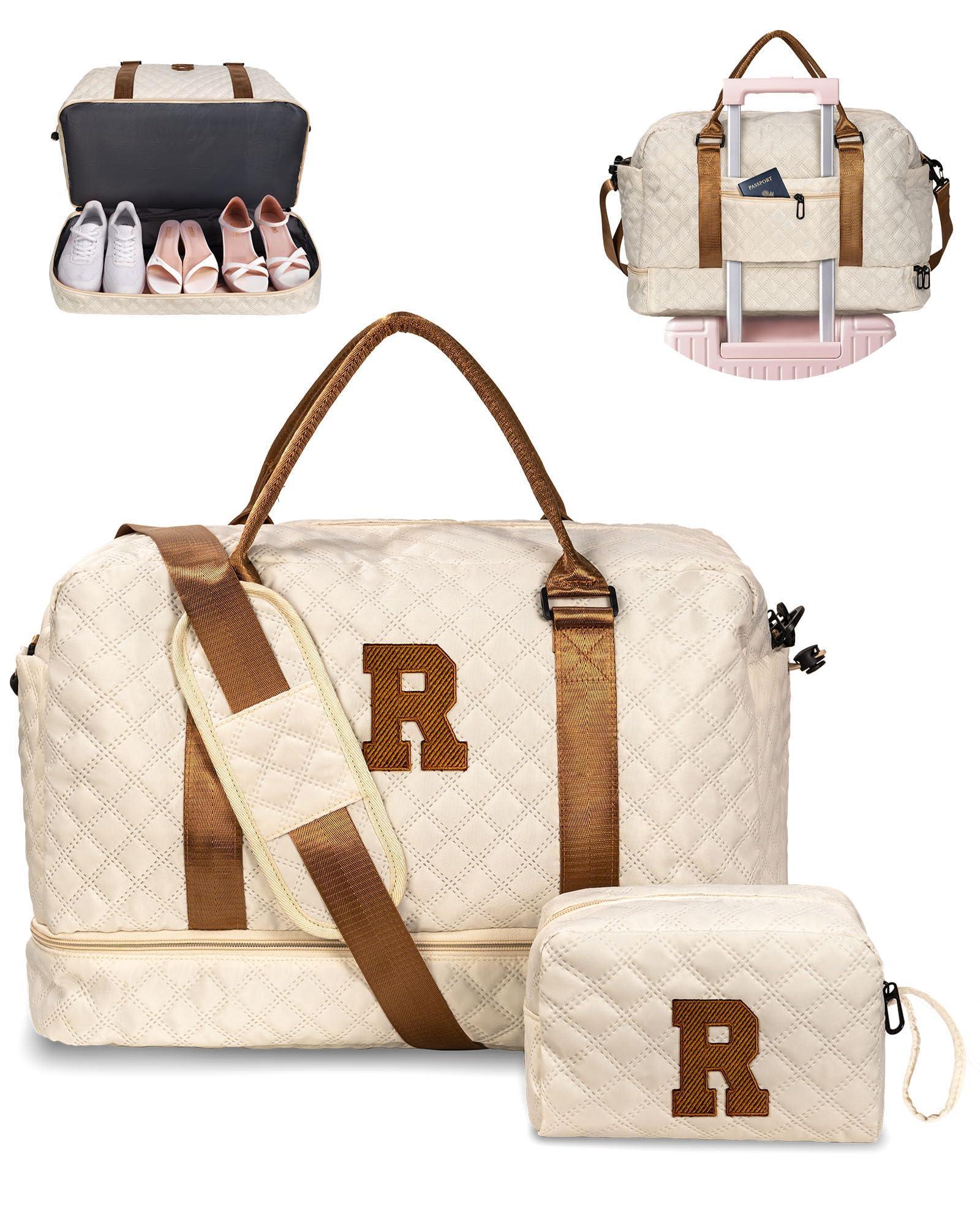 Birthday Gift-Initial Duffle Bag with Shoe Compartment, Personalized Weekender Bag, Monogram Overnight Bag for Women with Trolley Sleeve & Wet Pocket, Travel Bag with Makeup Bag (Letter K) - Unique Gift Market