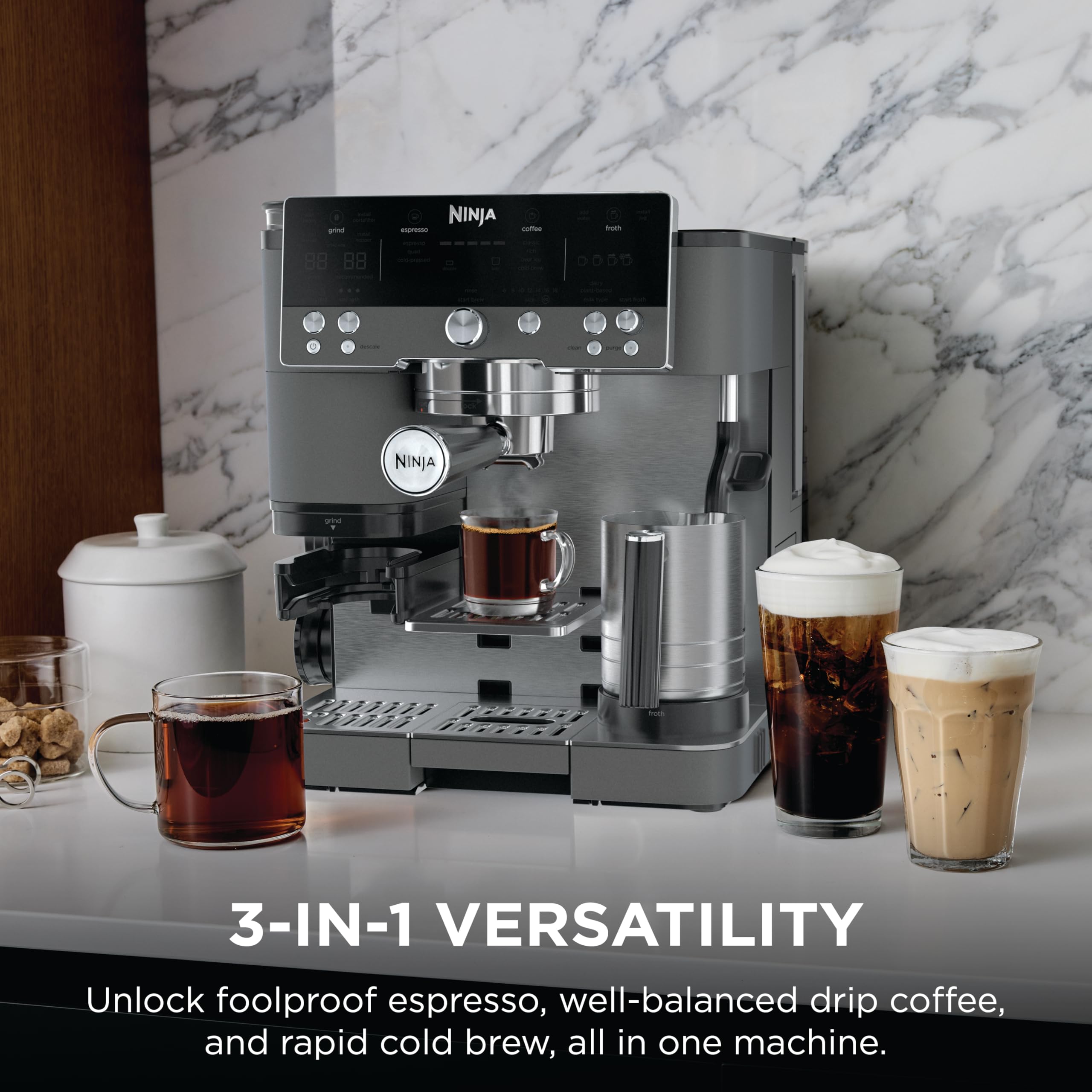 Ninja Luxe Café 3-in-1 Espresso, Drip Coffee and Cold Brew Machine | Integrated Coffee Grinder, Milk Frother, Assisted Tamper & Built-In Espresso Accessory Storage | Stainless Steel | ES601