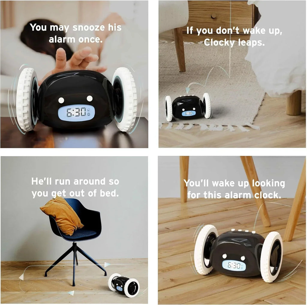 CLOCKY Alarm Clock on Wheels – Loud Rolling Alarm Clock for Heavy Sleepers | Runaway Clock That Jumps & Runs to Wake You Up | Funny Unique Gift for Adults, Teens & Kids Bedrooms (Black) - Unique Gift Market