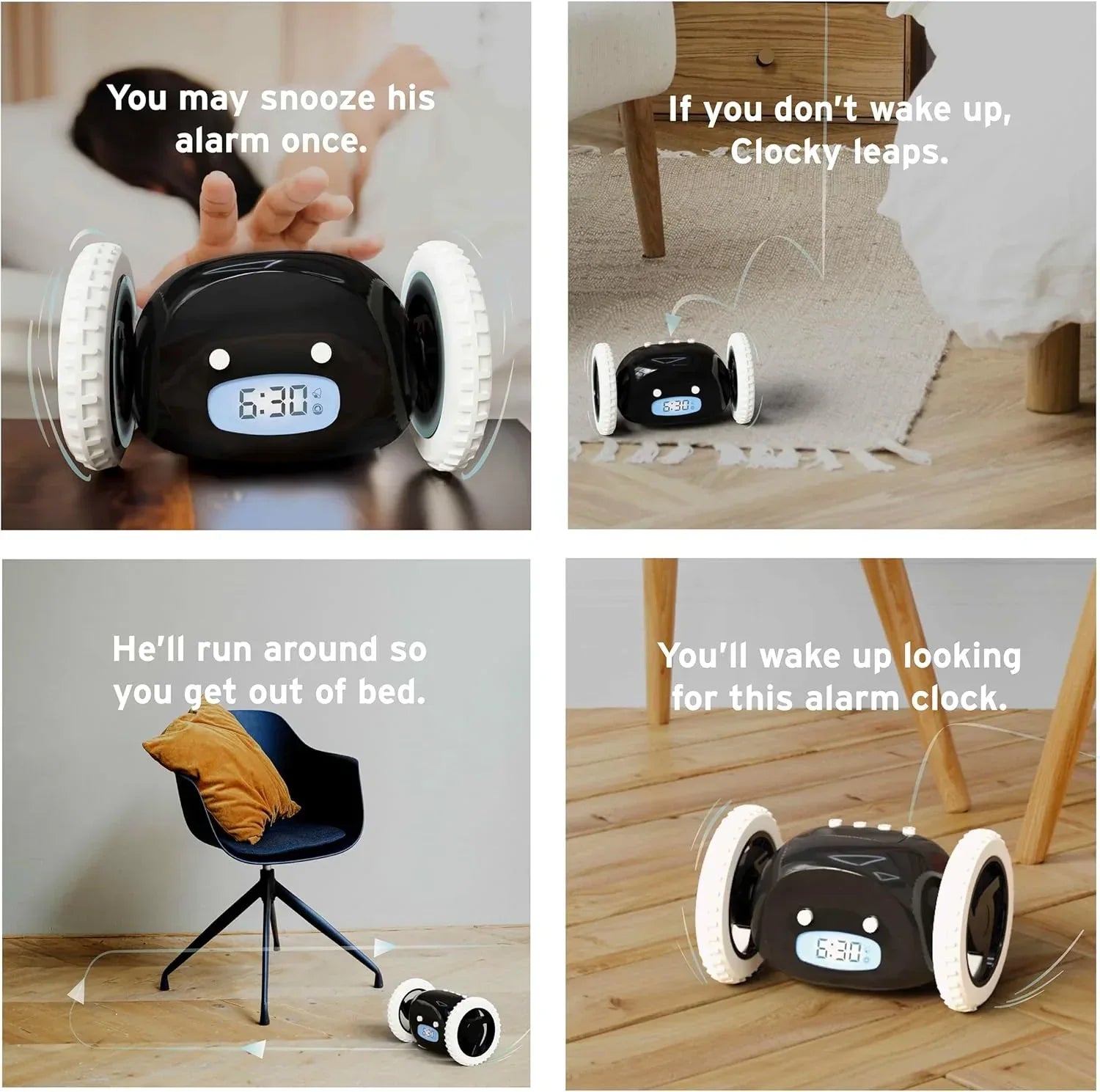 CLOCKY Alarm Clock on Wheels – Loud Rolling Alarm Clock for Heavy Sleepers | Runaway Clock That Jumps & Runs to Wake You Up | Funny Unique Gift for Adults, Teens & Kids Bedrooms (Black) - Unique Gift Market