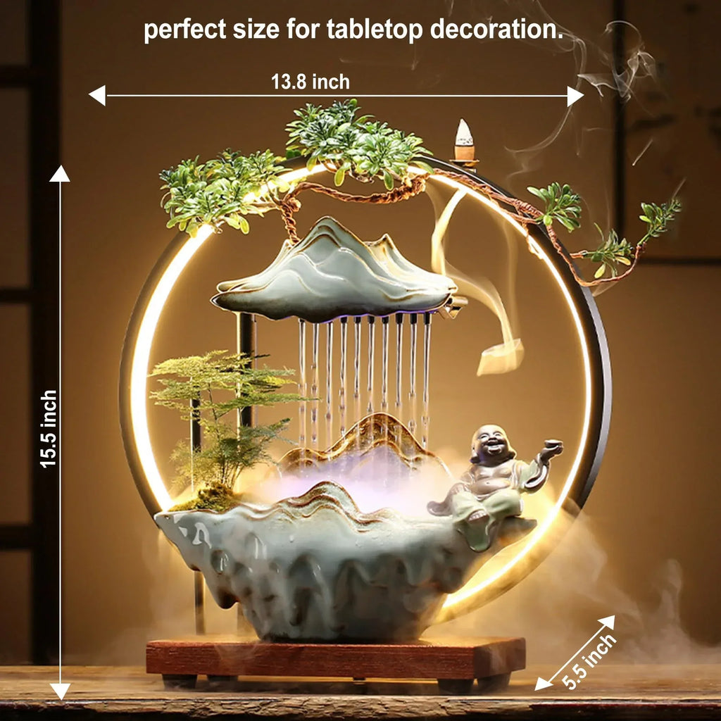 Buddha Tabletop Fountain Indoor Waterfall Fountain Office Tabletop Water Fountain with Lights Backflow Incense Burner Ceramic Indoor Zen Decor for Home Office Yoga Meditation (Buddha) - Unique Gift Market