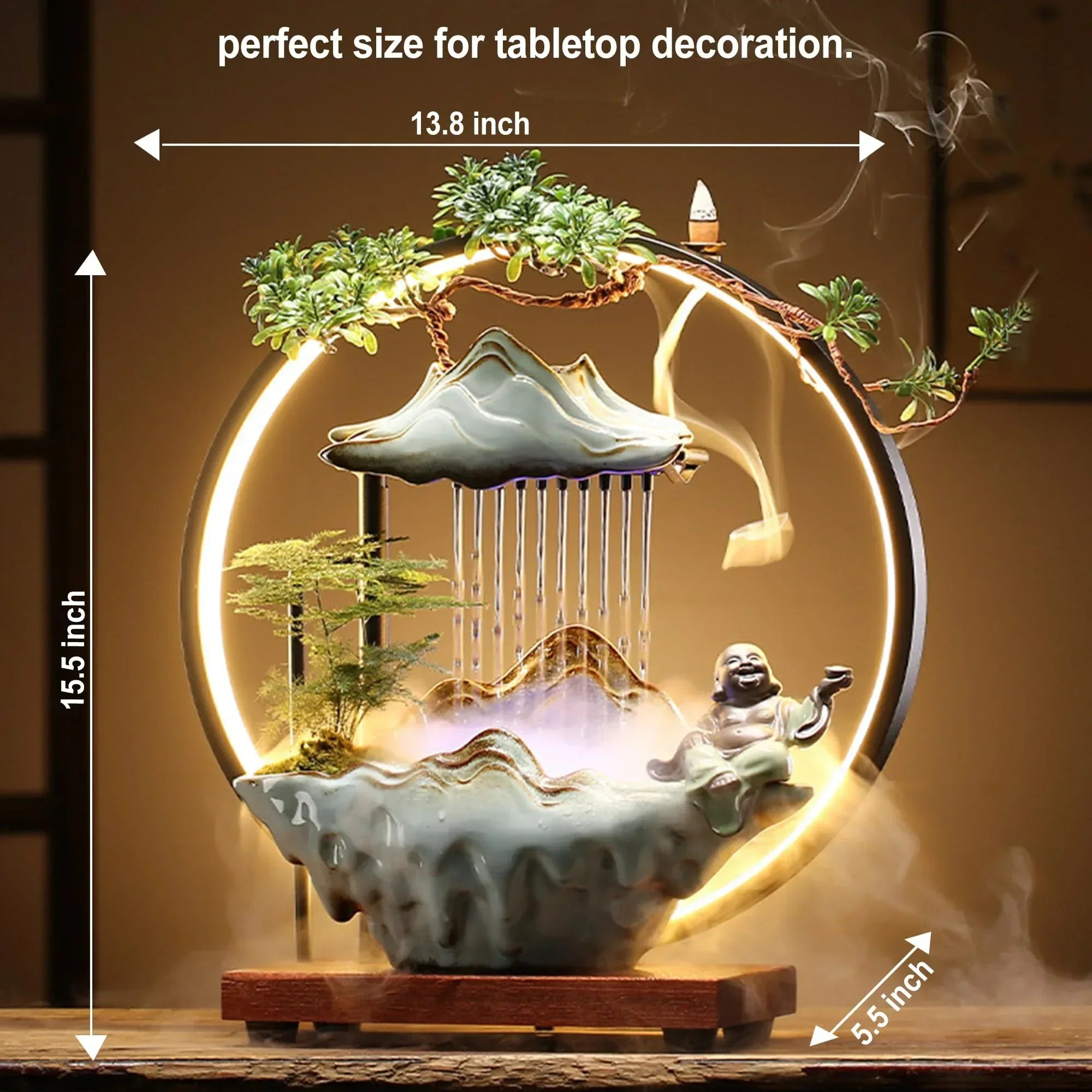 Buddha Tabletop Fountain Indoor Waterfall Fountain Office Tabletop Water Fountain with Lights Backflow Incense Burner Ceramic Indoor Zen Decor for Home Office Yoga Meditation (Buddha) - Unique Gift Market