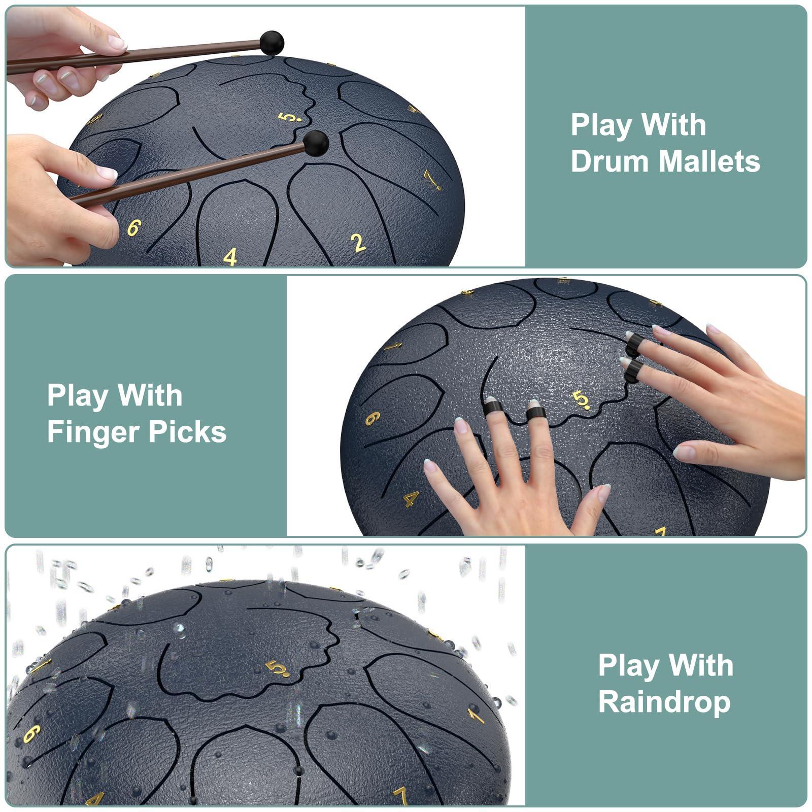 Rain Drum for Outside Garden, 6 Inches 8 Notes Steel Tongue Chakra Drums, Waterproof Meditation Rain Chime, Musical Instruments for Adult Gift with Bag, Music Book, Drum Mallets (Green) - Unique Gift Market