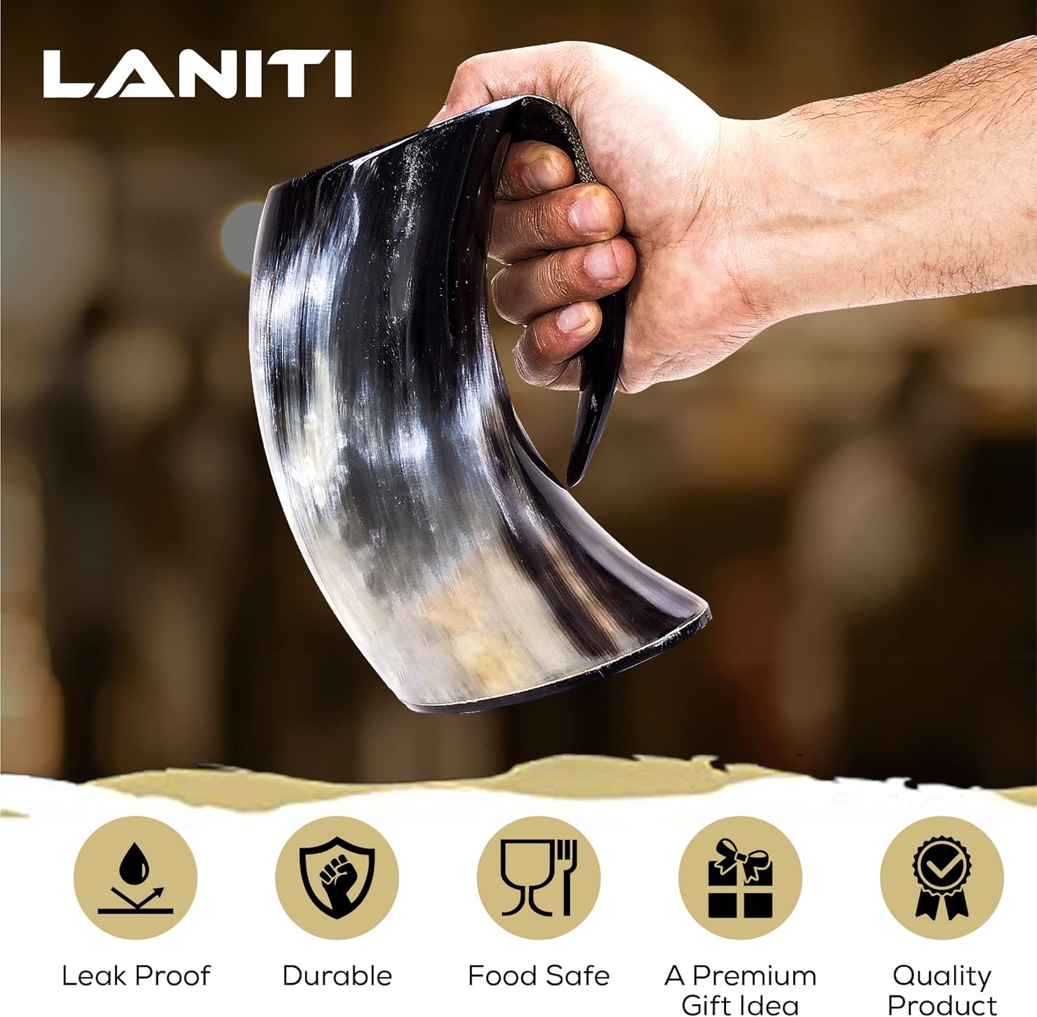 LANITI Viking Horn Mug with 4 Shot Cups – Authentic Handcrafted Viking Tankard for Ale, Beer, Mead – Medieval Drinking Horn Gift for Men – Norse Mythology Inspired Mug Set