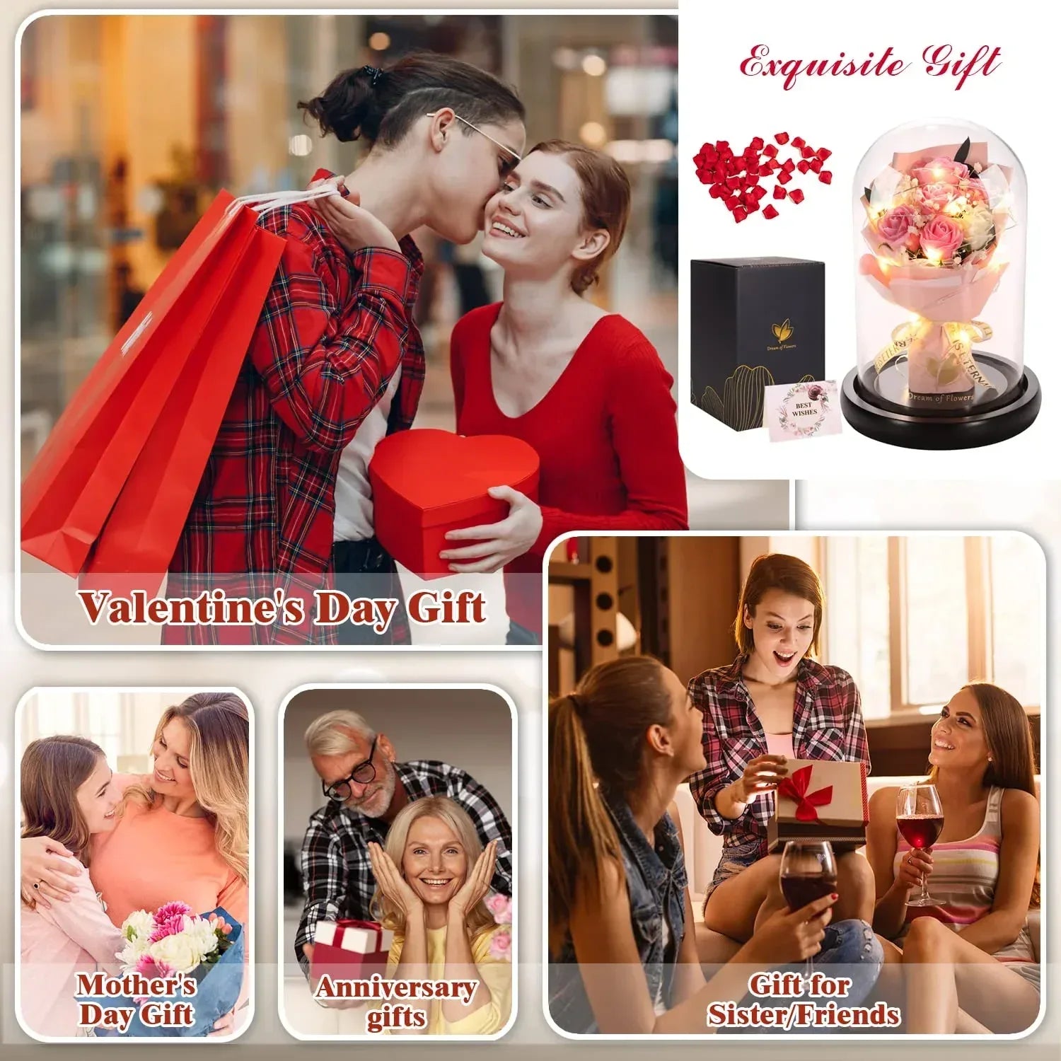 Valentines Day Gifts for Her,Valentines Flower Gifts for Women,Rose in Glass Dome with 2 Light Modes,Light Up Rose Flowers,Valentines Anniversary Birthday Gifts for Women, Mom, Wife, Girlfriend - Unique Gift Market
