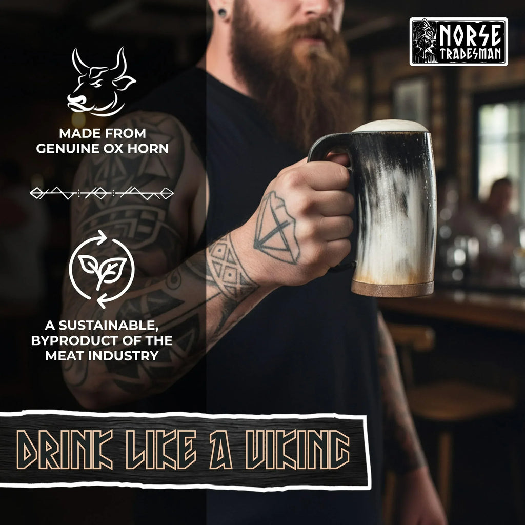 Norse Tradesman Original LG Viking Drinking Horn Mug - 100% Authentic Beer Horn Tankard With Natural Surface & Burlap Gift Sack | The Original, Low Polish, approx. 16 oz - Unique Gift Market